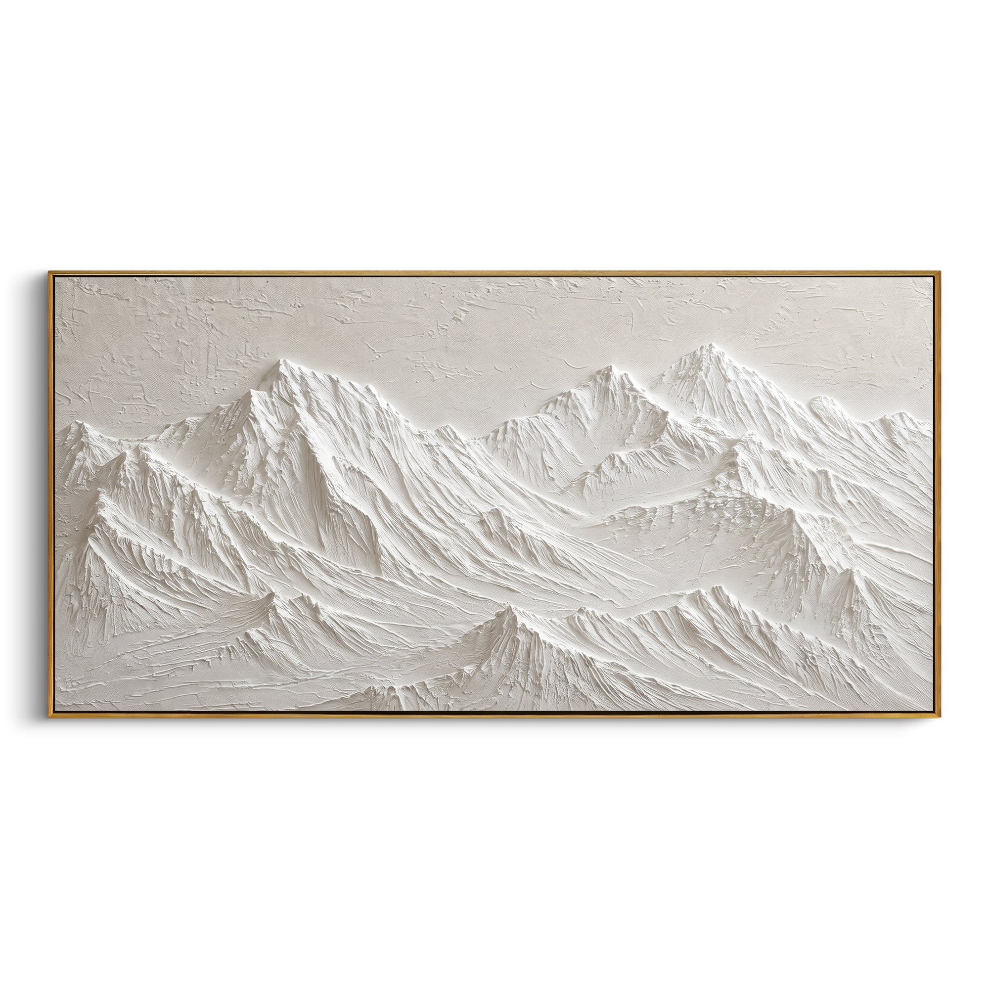 White Snow Peak Relief focuses on this hand-painted textured canvas features broad white snow peaks with layered plaster ridges and quiet neutral sky. The composition is described from the actual main image, so the visible subject, color balance, spacing, and surface movement stay specific to this product instead of reading like a batch title. Raised palette-knife layers, sculpted impasto ridges, softened brush transitions, and tactile handmade texture give the canvas dimensional depth under