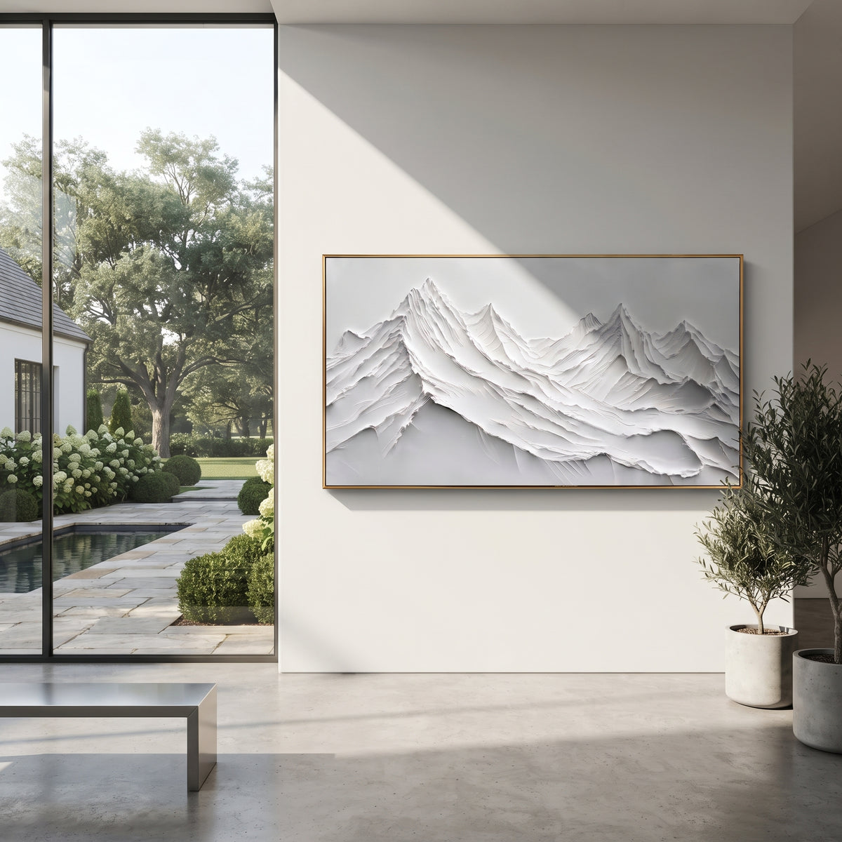 White Cut Paper Mountain Relief focuses on this hand-painted textured canvas features white cut-paper-like mountain layers with crisp ridges and sculpted shadow depth. The composition is described from the actual main image, so the visible subject, color balance, spacing, and surface movement stay specific to this product instead of reading like a batch title. Raised palette-knife layers, sculpted impasto ridges, softened brush transitions, and tactile handmade texture give the canvas