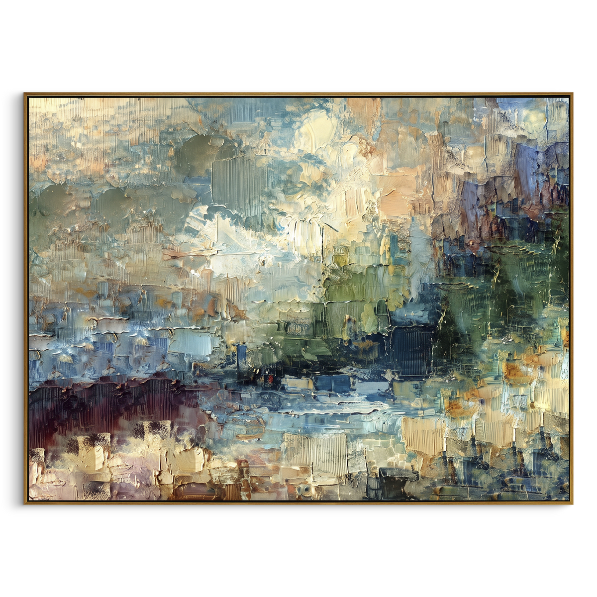 Blue Green Abstract Lake focuses on this hand-painted textured canvas features blue green abstract lake with pale gold light, blocky brushwork, and moody shoreline. The composition is described from the actual main image, so the visible subject, color balance, spacing, and surface movement stay specific to this product instead of reading like a batch title. Raised palette-knife layers, sculpted impasto ridges, softened brush transitions, and tactile handmade texture give the canvas dimensional