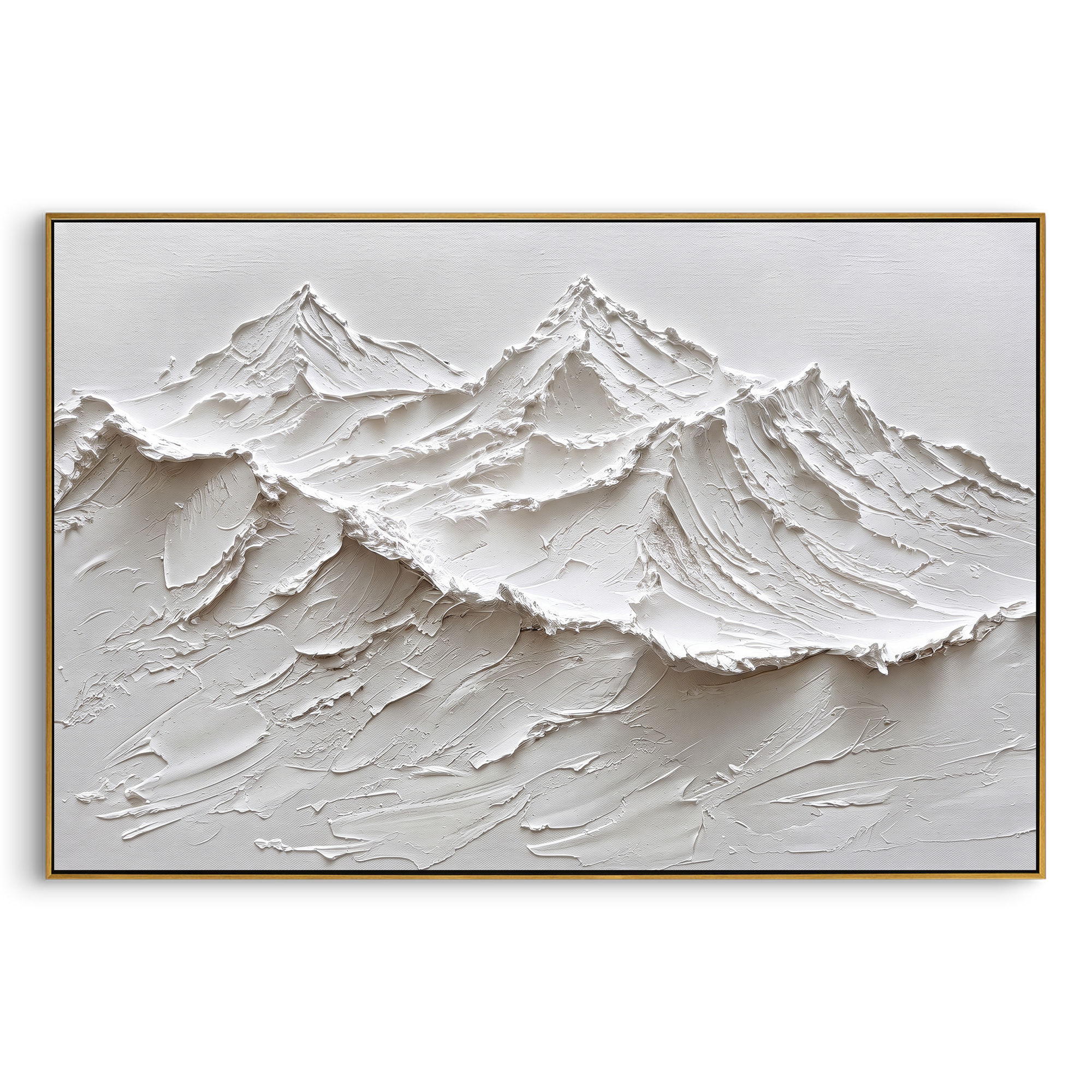 White Mountain Relief Range focuses on this hand-painted textured canvas features white mountain relief range with raised snowy peaks and sweeping grey valleys. The composition is described from the actual main image, so the visible subject, color balance, spacing, and surface movement stay specific to this product instead of reading like a batch title. Raised palette-knife layers, sculpted impasto ridges, softened brush transitions, and tactile handmade texture give the canvas dimensional depth
