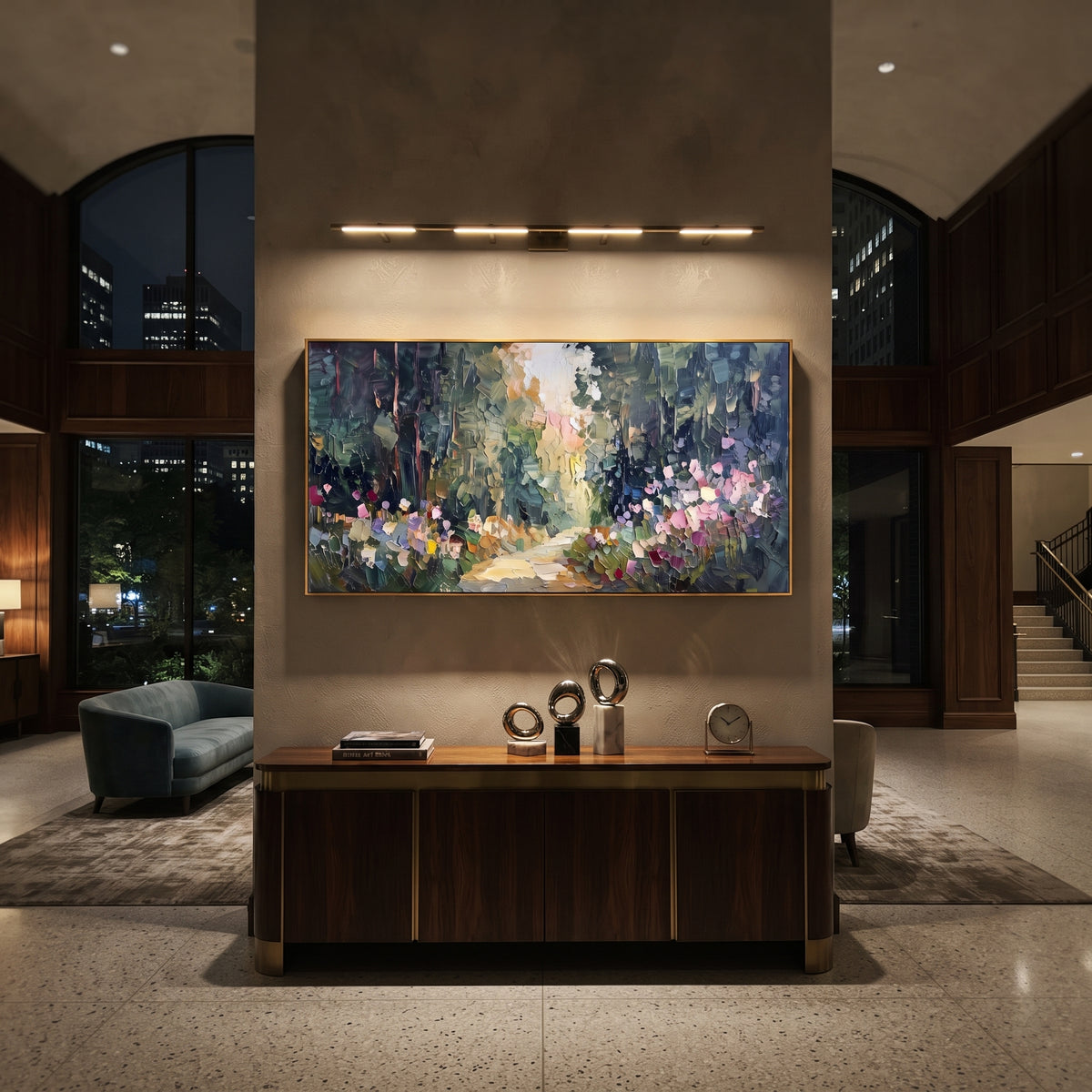Deep Woodland Flower Path focuses on this hand-painted textured canvas features deep woodland path with bright floral edges, dark trees, and warm light at center. The composition is described from the actual main image, so the visible subject, color balance, spacing, and surface movement stay specific to this product instead of reading like a batch title. Raised palette-knife layers, sculpted impasto ridges, softened brush transitions, and tactile handmade texture give the canvas dimensional