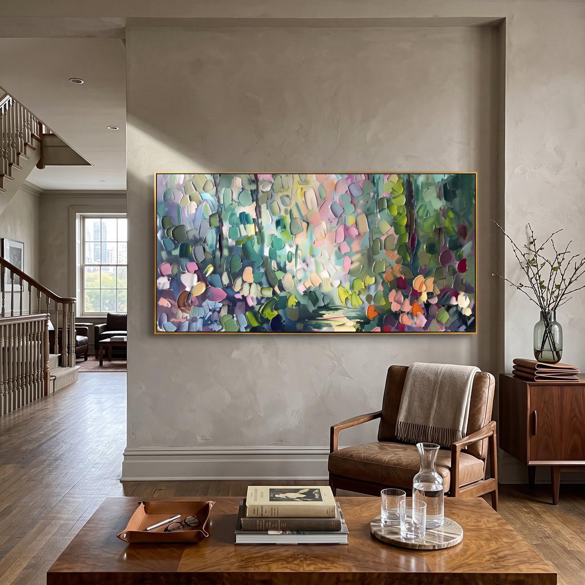 Deep Woodland Flower Path focuses on this hand-painted textured canvas features deep woodland path with bright floral edges, dark trees, and warm light at center. The composition is described from the actual main image, so the visible subject, color balance, spacing, and surface movement stay specific to this product instead of reading like a batch title. Raised palette-knife layers, sculpted impasto ridges, softened brush transitions, and tactile handmade texture give the canvas dimensional