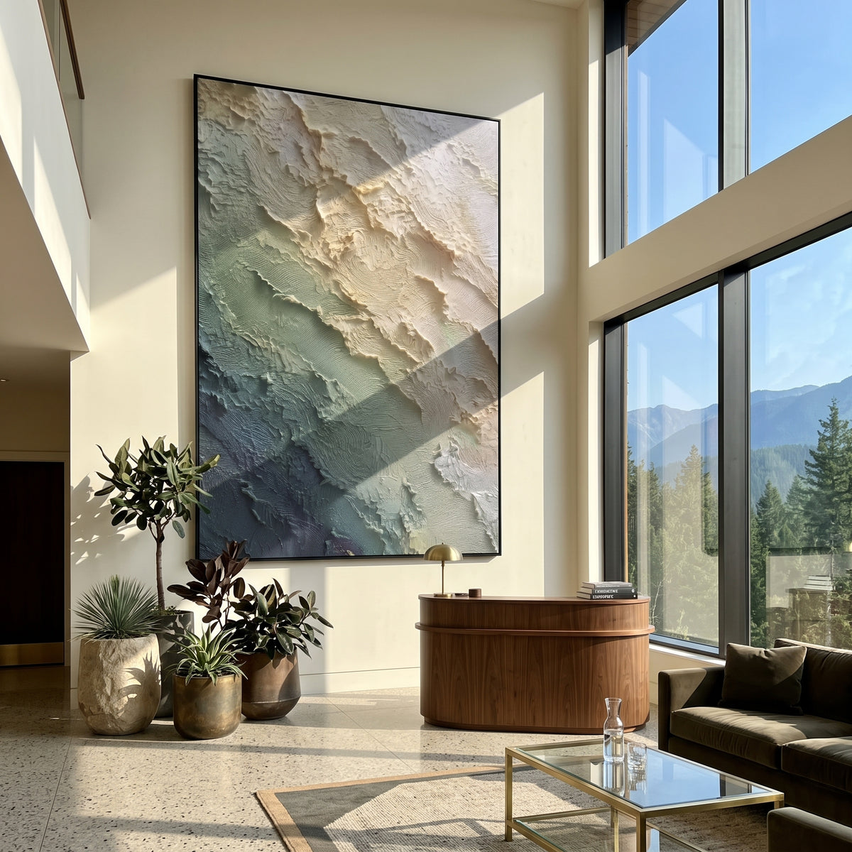 Turquoise Shoreline Relief focuses on this hand-painted textured canvas features vertical turquoise shoreline with diagonal raised foam and sandy textured edge. The composition is described from the actual main image, so the visible subject, color balance, spacing, and surface movement stay specific to this product instead of reading like a batch title. Raised palette-knife layers, sculpted impasto ridges, softened brush transitions, and tactile handmade texture give the canvas dimensional depth