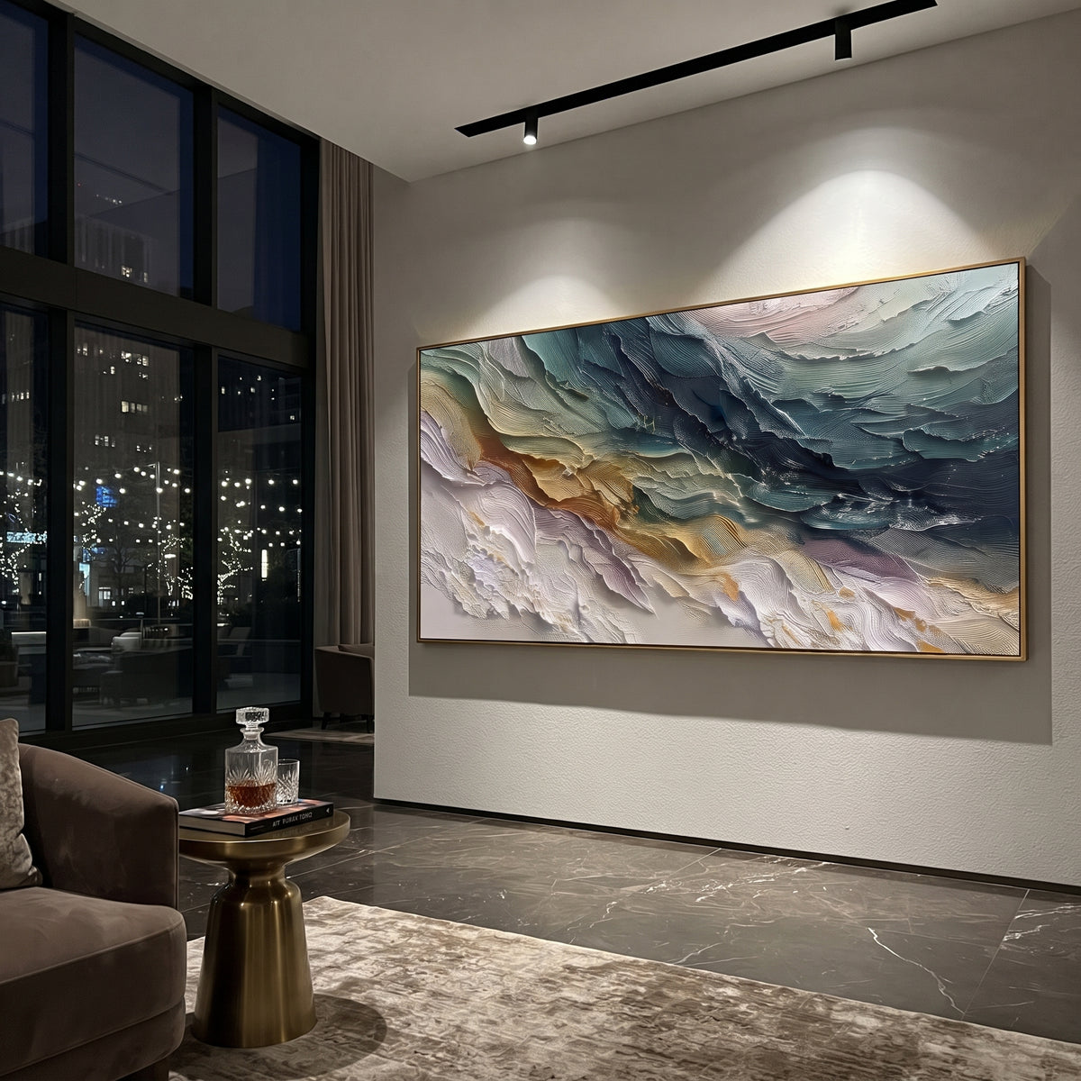 Stormy Teal Ridge Relief focuses on this hand-painted textured canvas features stormy teal and grey ridges with white cresting texture and warm ochre accents. The composition is described from the actual main image, so the visible subject, color balance, spacing, and surface movement stay specific to this product instead of reading like a batch title. Raised palette-knife layers, sculpted impasto ridges, softened brush transitions, and tactile handmade texture give the canvas dimensional depth