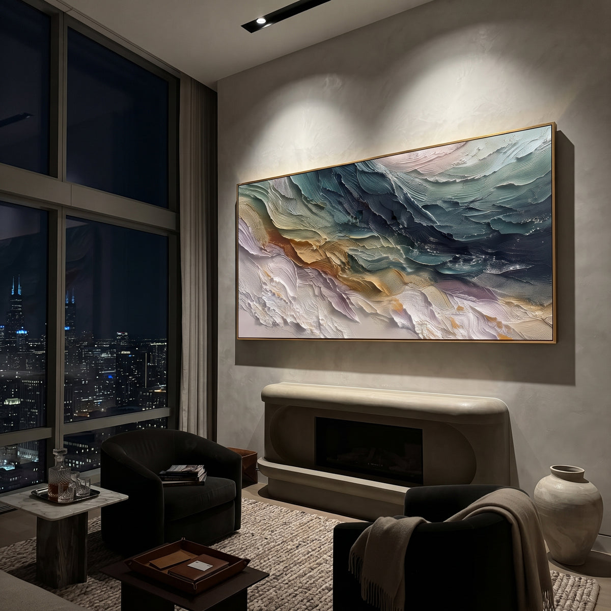 Stormy Teal Ridge Relief focuses on this hand-painted textured canvas features stormy teal and grey ridges with white cresting texture and warm ochre accents. The composition is described from the actual main image, so the visible subject, color balance, spacing, and surface movement stay specific to this product instead of reading like a batch title. Raised palette-knife layers, sculpted impasto ridges, softened brush transitions, and tactile handmade texture give the canvas dimensional depth