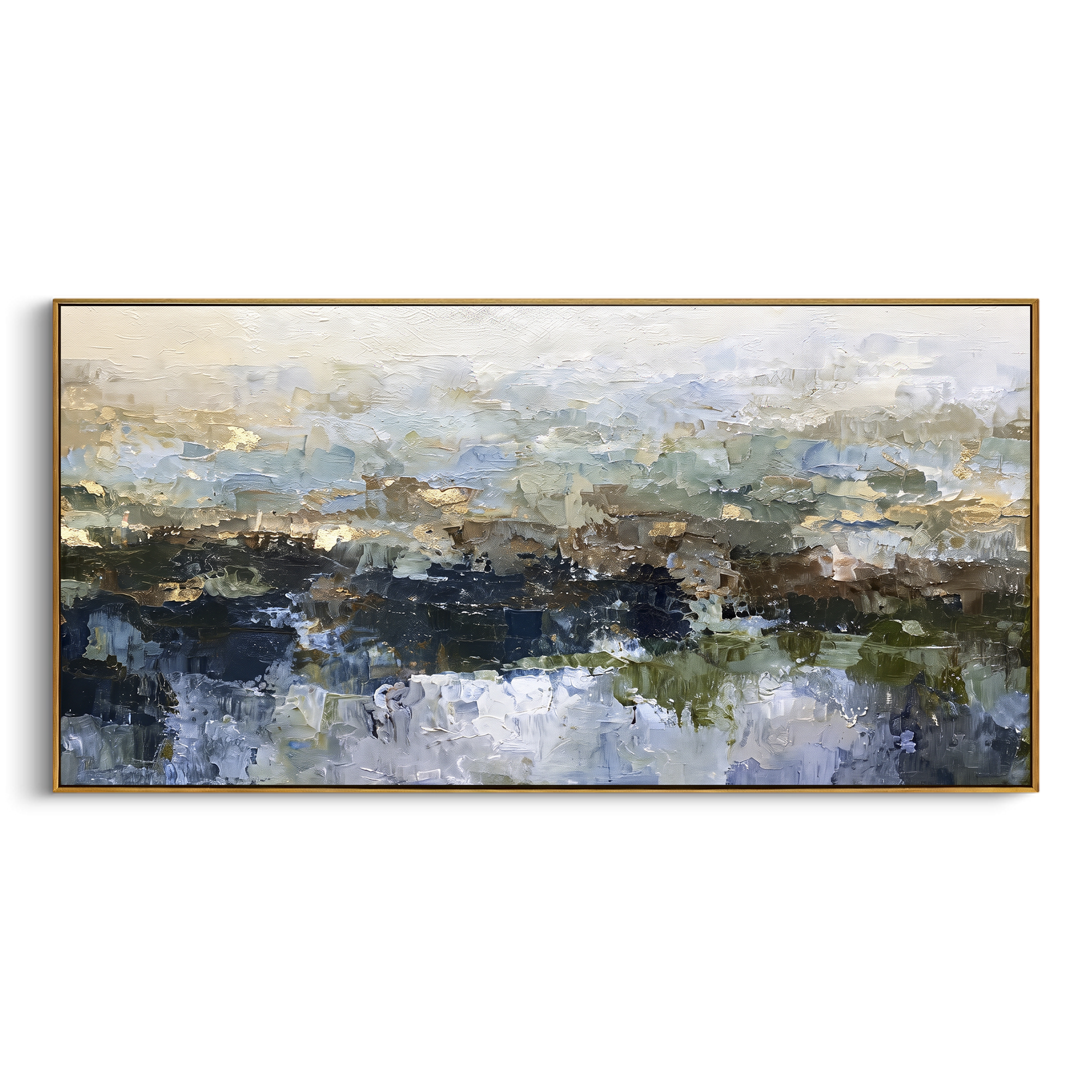 Abstract Marsh Horizon focuses on this hand-painted textured canvas features soft marsh horizon with blue grey water, dark green land, and pale broken sky. The composition is described from the actual main image, so the visible subject, color balance, spacing, and surface movement stay specific to this product instead of reading like a batch title. Raised palette-knife layers, sculpted impasto ridges, softened brush transitions, and tactile handmade texture give the canvas dimensional depth