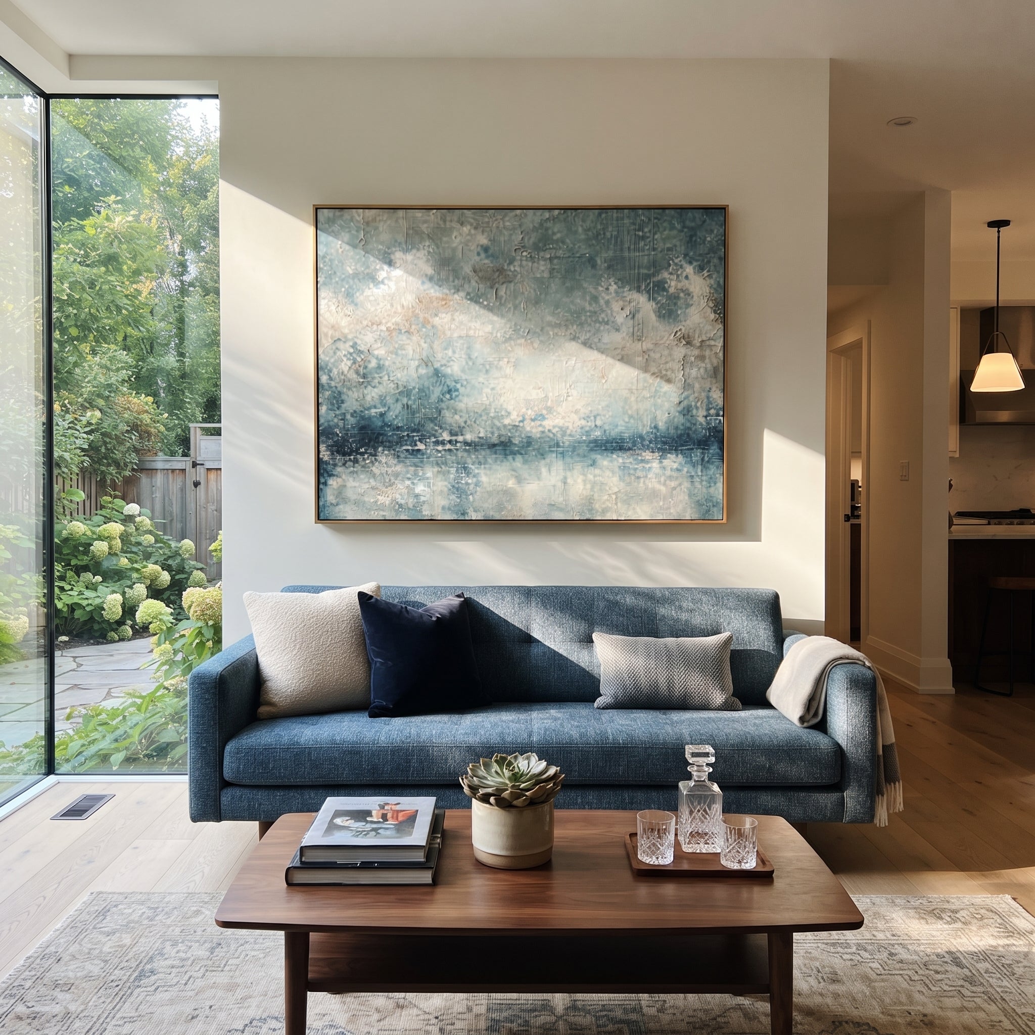 Blue Mist Ocean Horizon focuses on this hand-painted textured canvas features blue mist ocean horizon with white cloud texture and reflective watery surface. The composition is described from the actual main image, so the visible subject, color balance, spacing, and surface movement stay specific to this product instead of reading like a batch title. Raised palette-knife layers, sculpted impasto ridges, softened brush transitions, and tactile handmade texture give the canvas dimensional depth