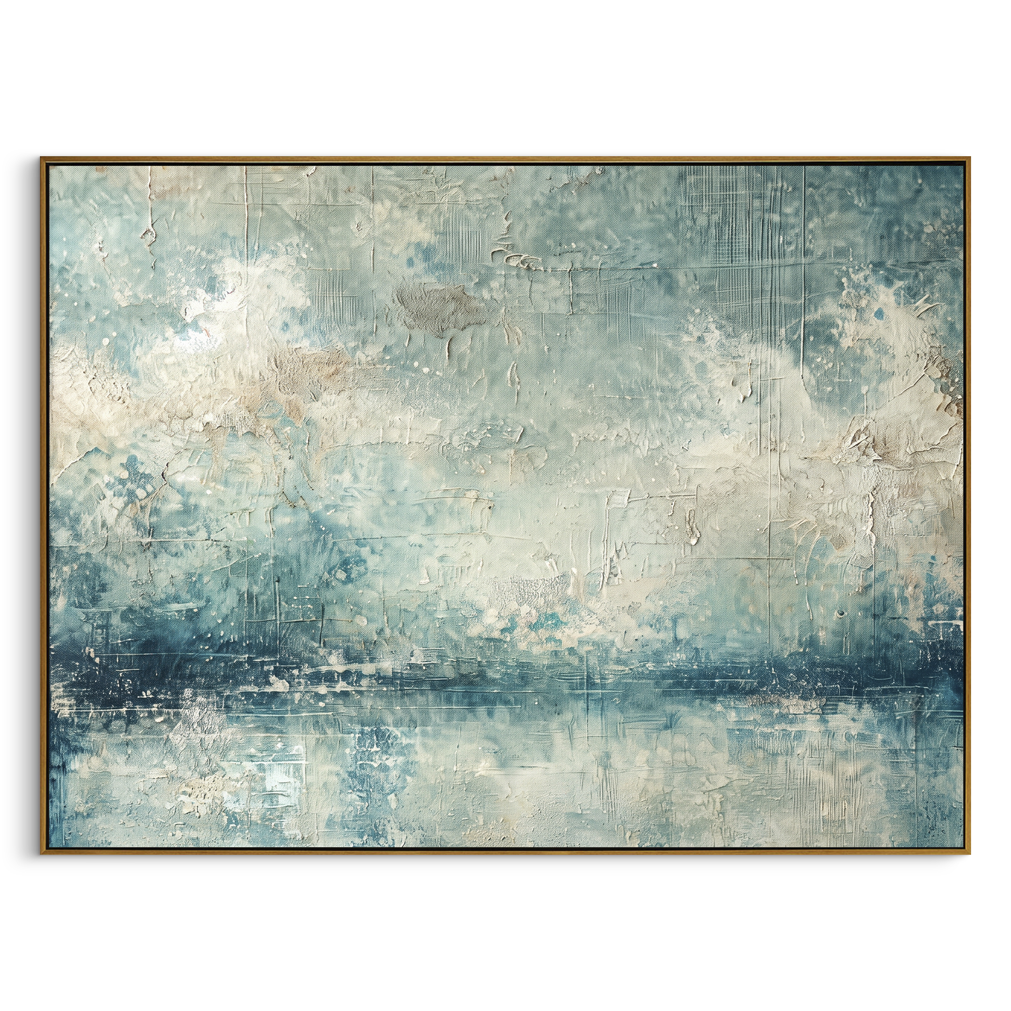 Blue Mist Ocean Horizon focuses on this hand-painted textured canvas features blue mist ocean horizon with white cloud texture and reflective watery surface. The composition is described from the actual main image, so the visible subject, color balance, spacing, and surface movement stay specific to this product instead of reading like a batch title. Raised palette-knife layers, sculpted impasto ridges, softened brush transitions, and tactile handmade texture give the canvas dimensional depth