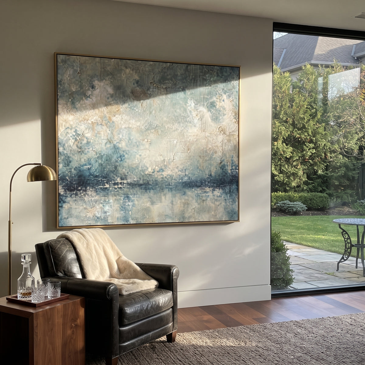 Blue Mist Ocean Horizon focuses on this hand-painted textured canvas features blue mist ocean horizon with white cloud texture and reflective watery surface. The composition is described from the actual main image, so the visible subject, color balance, spacing, and surface movement stay specific to this product instead of reading like a batch title. Raised palette-knife layers, sculpted impasto ridges, softened brush transitions, and tactile handmade texture give the canvas dimensional depth