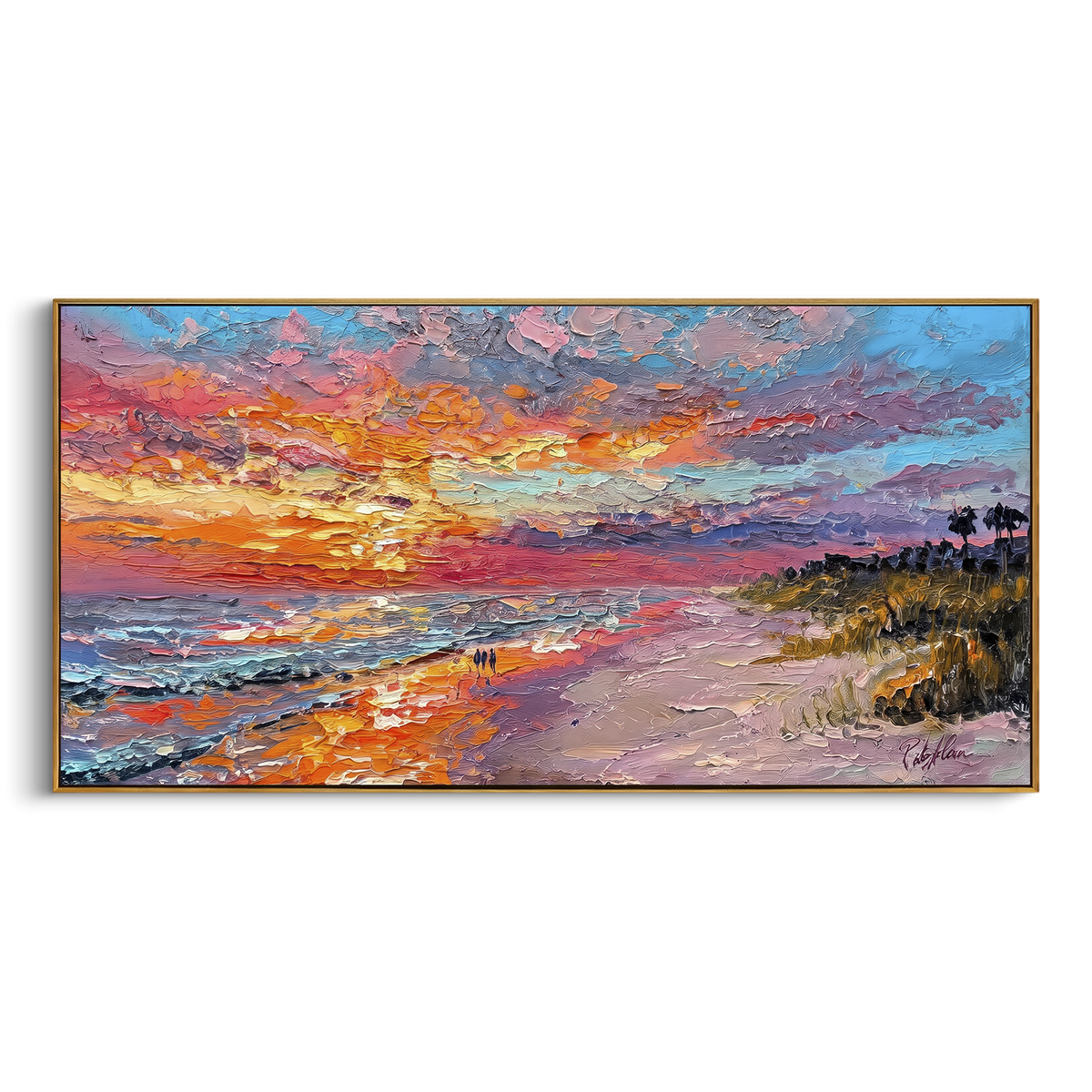 Pink Sunset Beach focuses on this hand-painted textured canvas features pink orange sunset beach with glowing surf, palm silhouettes, and violet sky. The composition is described from the actual main image, so the visible subject, color balance, spacing, and surface movement stay specific to this product instead of reading like a batch title. Raised palette-knife layers, sculpted impasto ridges, softened brush transitions, and tactile handmade texture give the canvas dimensional depth under
