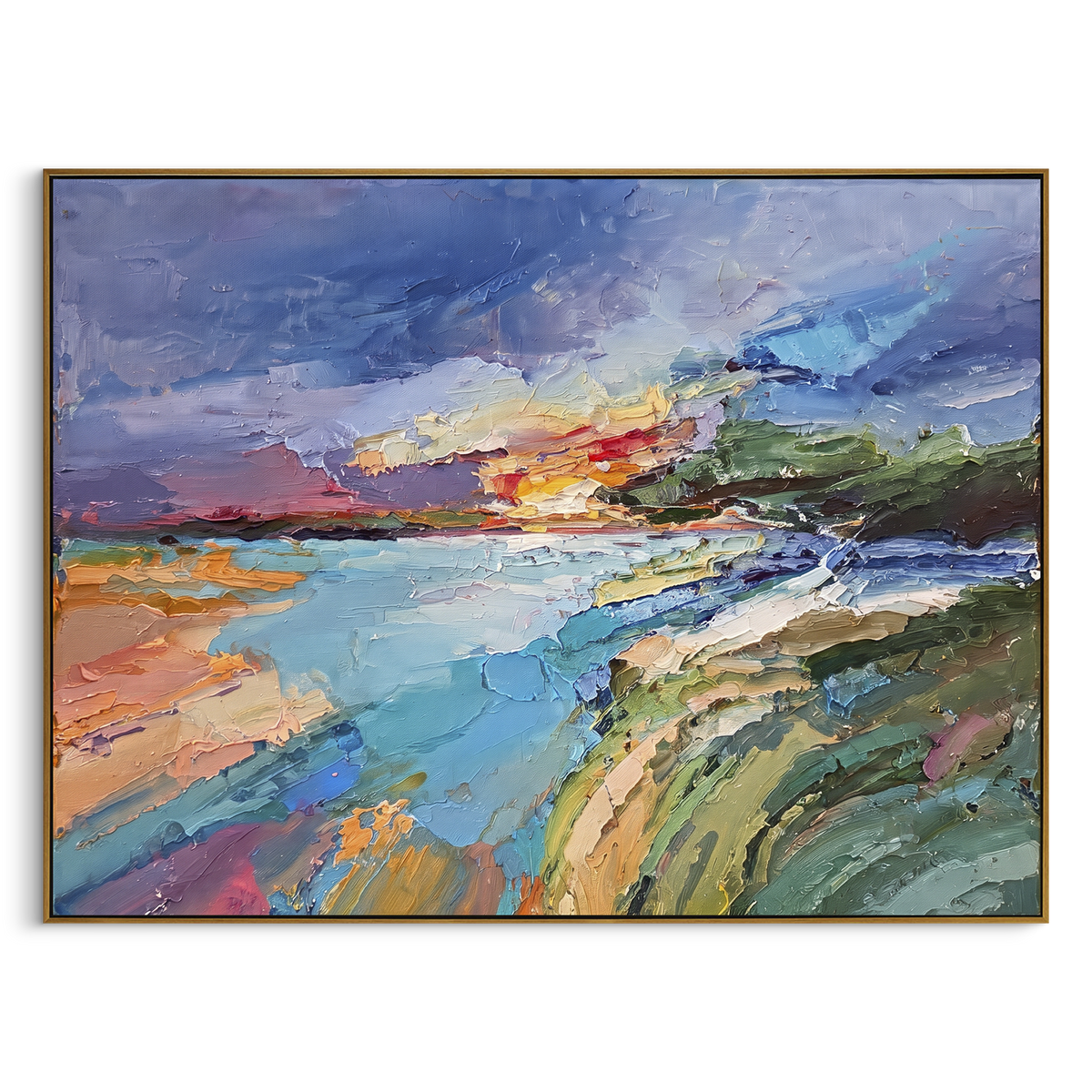 Colorful Coastal River Mouth focuses on this hand-painted textured canvas features colorful coastal river mouth with blue water, orange shore, and sweeping sunset clouds. The composition is described from the actual main image, so the visible subject, color balance, spacing, and surface movement stay specific to this product instead of reading like a batch title. Raised palette-knife layers, sculpted impasto ridges, softened brush transitions, and tactile handmade texture give the canvas