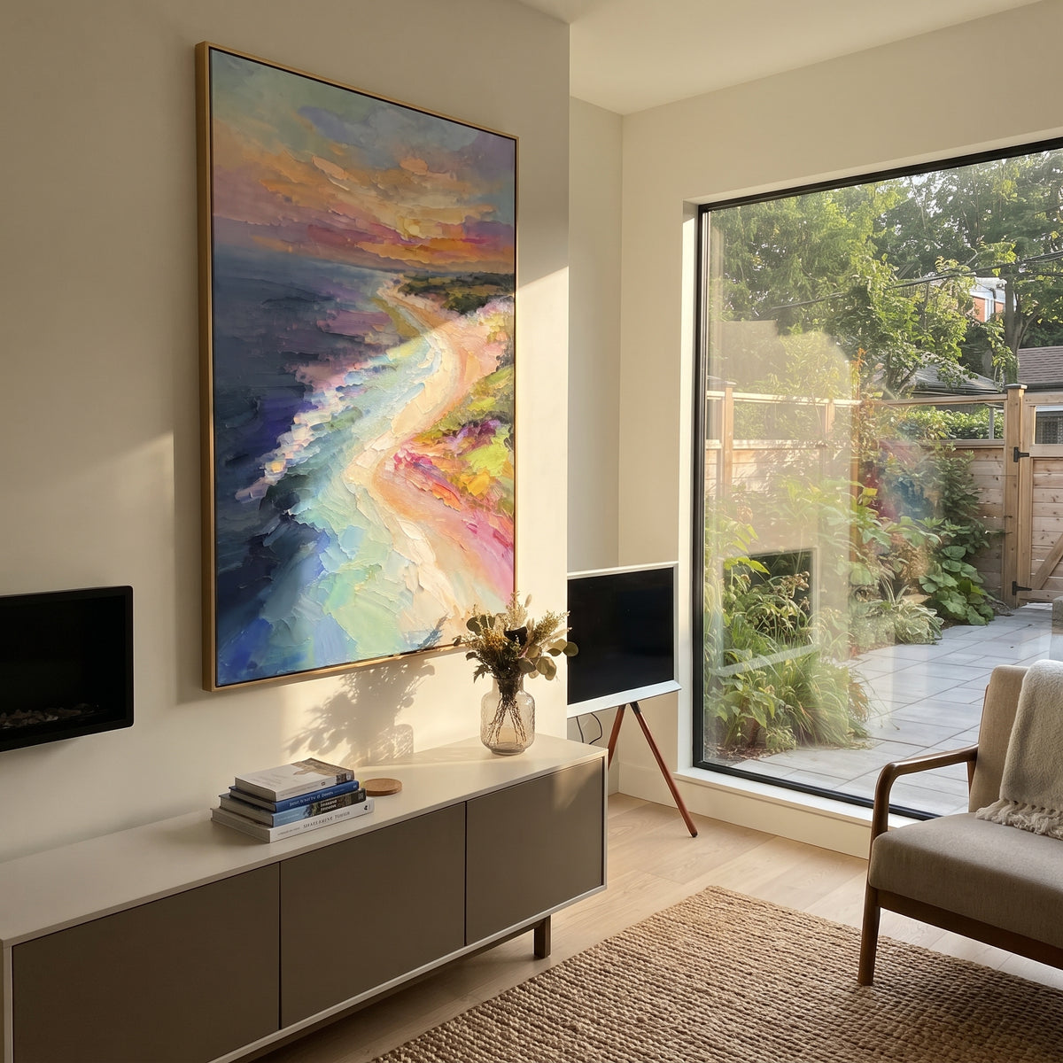 Pastel Beach Curve focuses on this hand-painted textured canvas features vertical pastel beach curve with turquoise water, pink shore, and soft sunset sky. The composition is described from the actual main image, so the visible subject, color balance, spacing, and surface movement stay specific to this product instead of reading like a batch title. Raised palette-knife layers, sculpted impasto ridges, softened brush transitions, and tactile handmade texture give the canvas dimensional depth