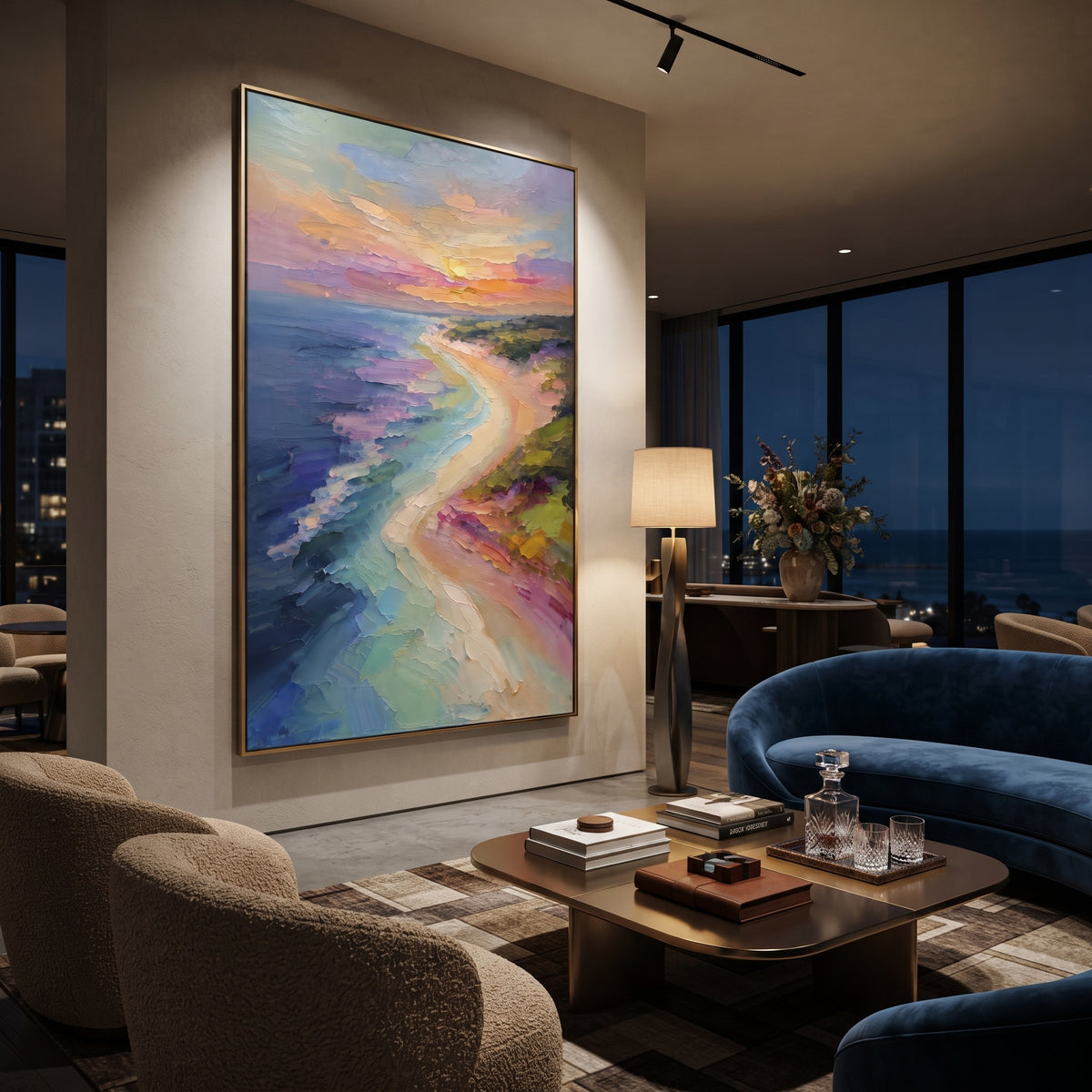 Pastel Beach Curve focuses on this hand-painted textured canvas features vertical pastel beach curve with turquoise water, pink shore, and soft sunset sky. The composition is described from the actual main image, so the visible subject, color balance, spacing, and surface movement stay specific to this product instead of reading like a batch title. Raised palette-knife layers, sculpted impasto ridges, softened brush transitions, and tactile handmade texture give the canvas dimensional depth