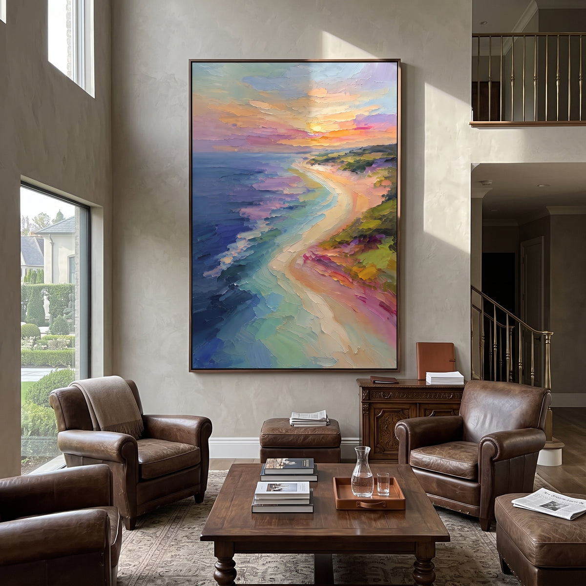 Pastel Beach Curve focuses on this hand-painted textured canvas features vertical pastel beach curve with turquoise water, pink shore, and soft sunset sky. The composition is described from the actual main image, so the visible subject, color balance, spacing, and surface movement stay specific to this product instead of reading like a batch title. Raised palette-knife layers, sculpted impasto ridges, softened brush transitions, and tactile handmade texture give the canvas dimensional depth