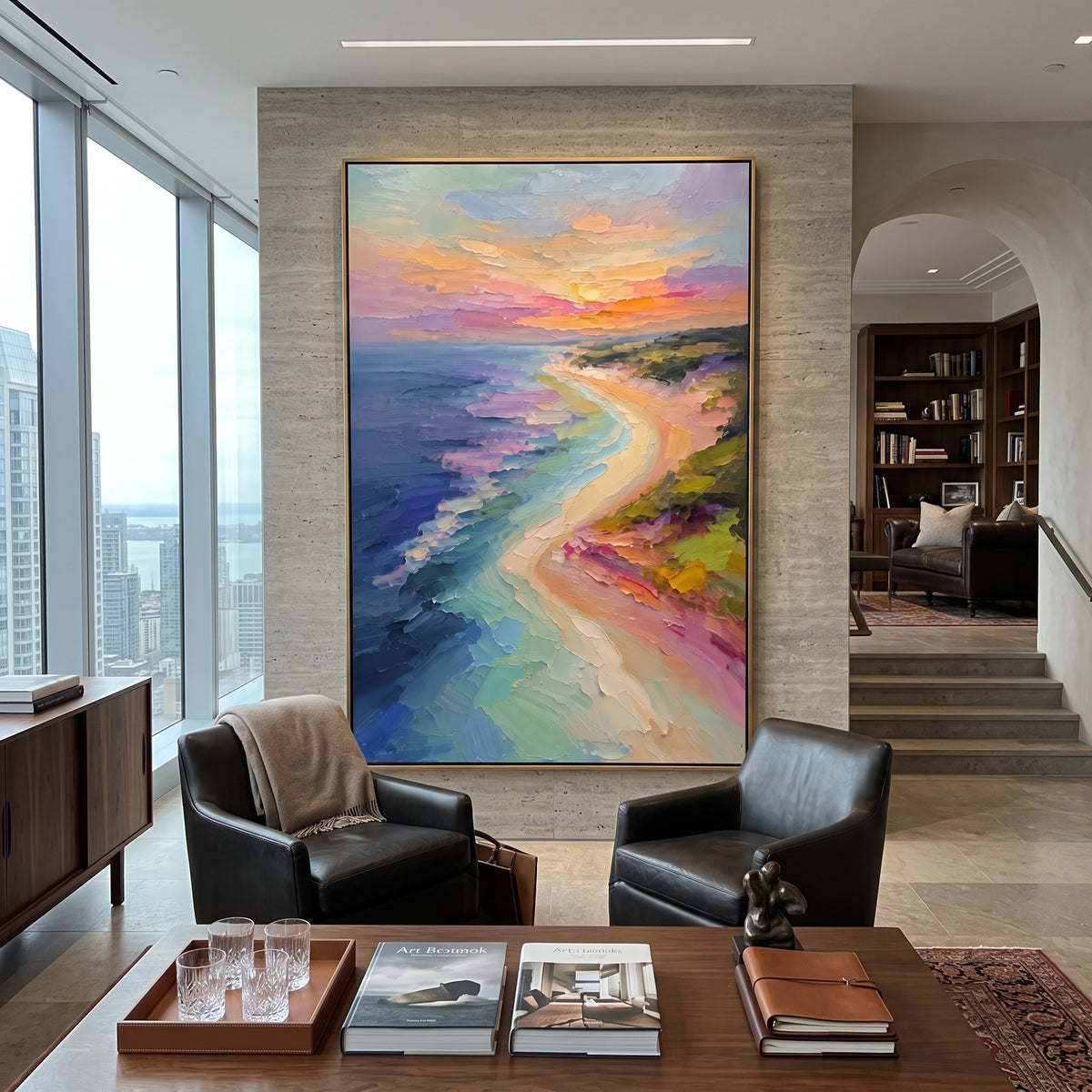 Pastel Beach Curve focuses on this hand-painted textured canvas features vertical pastel beach curve with turquoise water, pink shore, and soft sunset sky. The composition is described from the actual main image, so the visible subject, color balance, spacing, and surface movement stay specific to this product instead of reading like a batch title. Raised palette-knife layers, sculpted impasto ridges, softened brush transitions, and tactile handmade texture give the canvas dimensional depth