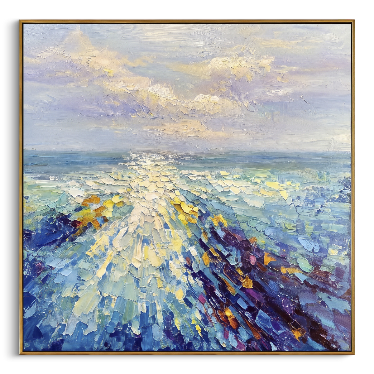 Bright Ocean Light Path focuses on this hand-painted textured canvas features bright ocean light path across blue water with cream highlights and textured sky. The composition is described from the actual main image, so the visible subject, color balance, spacing, and surface movement stay specific to this product instead of reading like a batch title. Raised palette-knife layers, sculpted impasto ridges, softened brush transitions, and tactile handmade texture give the canvas dimensional depth