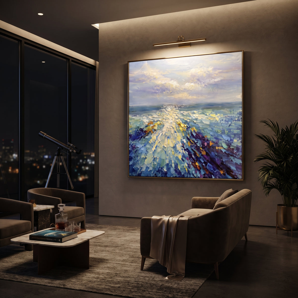 Bright Ocean Light Path focuses on this hand-painted textured canvas features bright ocean light path across blue water with cream highlights and textured sky. The composition is described from the actual main image, so the visible subject, color balance, spacing, and surface movement stay specific to this product instead of reading like a batch title. Raised palette-knife layers, sculpted impasto ridges, softened brush transitions, and tactile handmade texture give the canvas dimensional depth