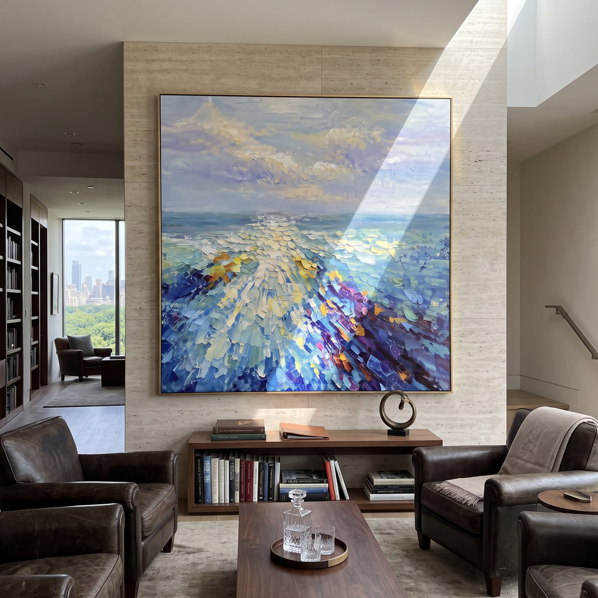Bright Ocean Light Path focuses on this hand-painted textured canvas features bright ocean light path across blue water with cream highlights and textured sky. The composition is described from the actual main image, so the visible subject, color balance, spacing, and surface movement stay specific to this product instead of reading like a batch title. Raised palette-knife layers, sculpted impasto ridges, softened brush transitions, and tactile handmade texture give the canvas dimensional depth