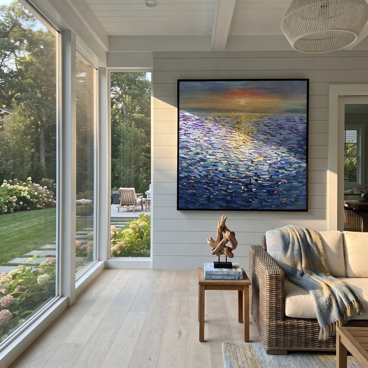 Sunlit Blue Ocean focuses on this hand-painted textured canvas features sunlit blue ocean surface with gold reflections, low horizon, and orange evening glow. The composition is described from the actual main image, so the visible subject, color balance, spacing, and surface movement stay specific to this product instead of reading like a batch title. Raised palette-knife layers, sculpted impasto ridges, softened brush transitions, and tactile handmade texture give the canvas dimensional depth