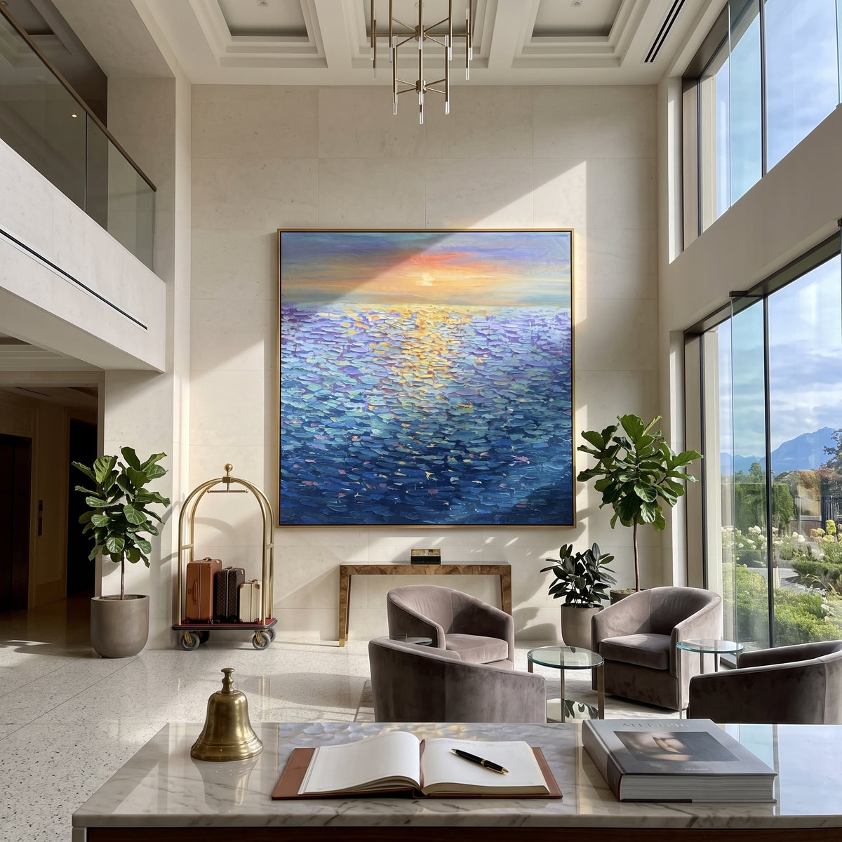 Sunlit Blue Ocean focuses on this hand-painted textured canvas features sunlit blue ocean surface with gold reflections, low horizon, and orange evening glow. The composition is described from the actual main image, so the visible subject, color balance, spacing, and surface movement stay specific to this product instead of reading like a batch title. Raised palette-knife layers, sculpted impasto ridges, softened brush transitions, and tactile handmade texture give the canvas dimensional depth