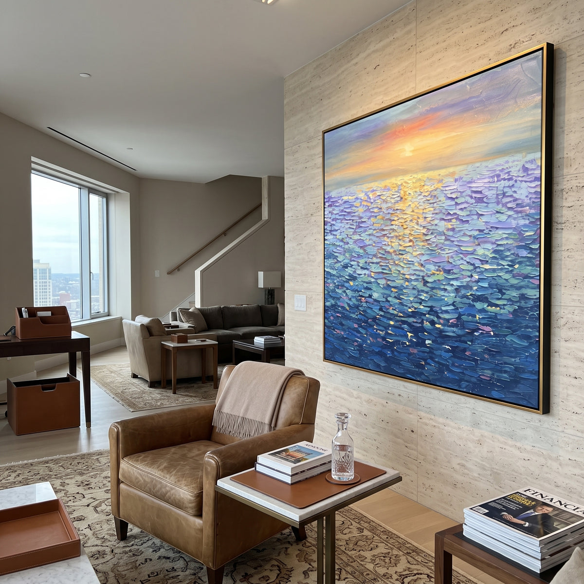 Sunlit Blue Ocean focuses on this hand-painted textured canvas features sunlit blue ocean surface with gold reflections, low horizon, and orange evening glow. The composition is described from the actual main image, so the visible subject, color balance, spacing, and surface movement stay specific to this product instead of reading like a batch title. Raised palette-knife layers, sculpted impasto ridges, softened brush transitions, and tactile handmade texture give the canvas dimensional depth