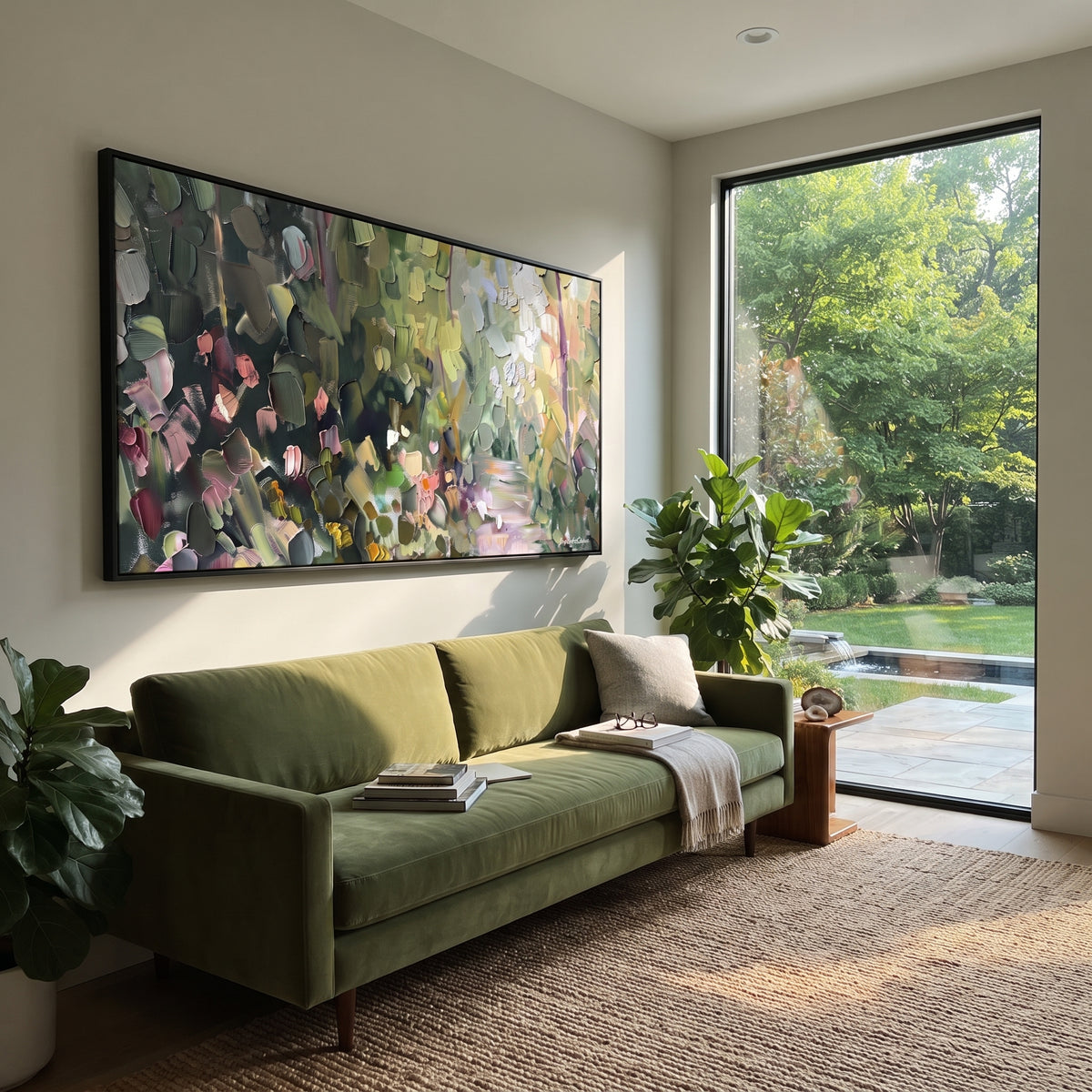 Forest Blossom Light focuses on this hand-painted textured canvas features forest blossom scene with green foliage, pink flowers, and shafts of pale light. The composition is described from the actual main image, so the visible subject, color balance, spacing, and surface movement stay specific to this product instead of reading like a batch title. Raised palette-knife layers, sculpted impasto ridges, softened brush transitions, and tactile handmade texture give the canvas dimensional depth