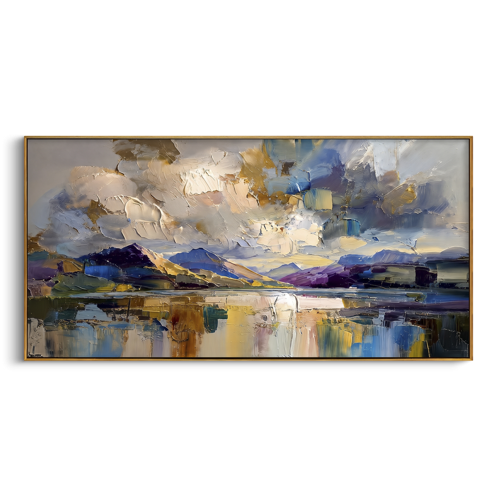 Storm Lake Mountain Reflection focuses on this hand-painted textured canvas features stormy lake mountain reflection with purple clouds, gold light, and mirrored water. The composition is described from the actual main image, so the visible subject, color balance, spacing, and surface movement stay specific to this product instead of reading like a batch title. Raised palette-knife layers, sculpted impasto ridges, softened brush transitions, and tactile handmade texture give the canvas