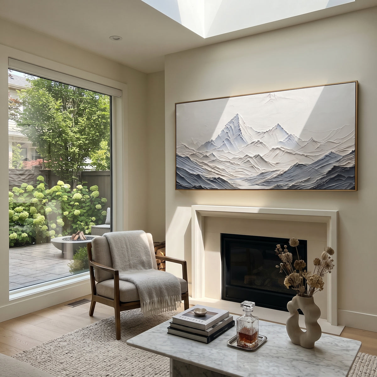 White Mountain Ridge Relief focuses on this hand-painted textured canvas features white panoramic mountain relief with layered snowy ridges and clean sculpted valleys. The composition is described from the actual main image, so the visible subject, color balance, spacing, and surface movement stay specific to this product instead of reading like a batch title. Raised palette-knife layers, sculpted impasto ridges, softened brush transitions, and tactile handmade texture give the canvas
