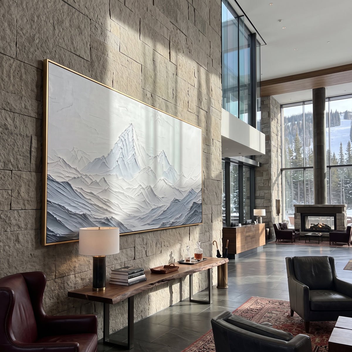 White Mountain Ridge Relief focuses on this hand-painted textured canvas features white panoramic mountain relief with layered snowy ridges and clean sculpted valleys. The composition is described from the actual main image, so the visible subject, color balance, spacing, and surface movement stay specific to this product instead of reading like a batch title. Raised palette-knife layers, sculpted impasto ridges, softened brush transitions, and tactile handmade texture give the canvas
