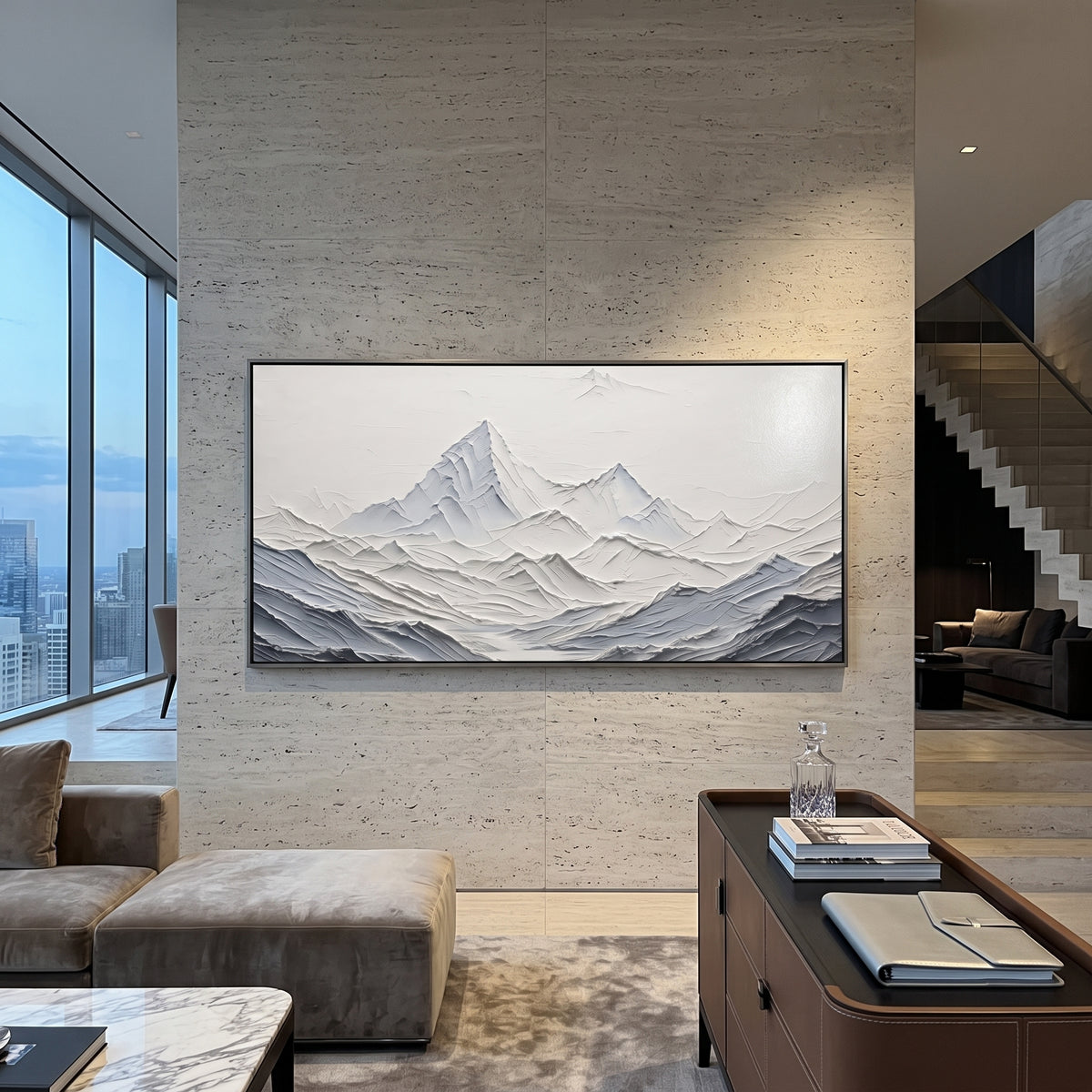 White Mountain Ridge Relief focuses on this hand-painted textured canvas features white panoramic mountain relief with layered snowy ridges and clean sculpted valleys. The composition is described from the actual main image, so the visible subject, color balance, spacing, and surface movement stay specific to this product instead of reading like a batch title. Raised palette-knife layers, sculpted impasto ridges, softened brush transitions, and tactile handmade texture give the canvas