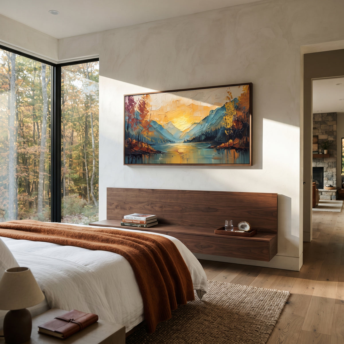Golden Lake Mountain Sunset focuses on this hand-painted textured canvas features golden lake sunset between blue mountains, autumn trees, and glowing water reflection. The composition is described from the actual main image, so the visible subject, color balance, spacing, and surface movement stay specific to this product instead of reading like a batch title. Raised palette-knife layers, sculpted impasto ridges, softened brush transitions, and tactile handmade texture give the canvas