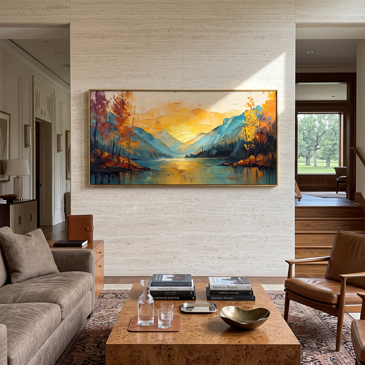 Golden Lake Mountain Sunset focuses on this hand-painted textured canvas features golden lake sunset between blue mountains, autumn trees, and glowing water reflection. The composition is described from the actual main image, so the visible subject, color balance, spacing, and surface movement stay specific to this product instead of reading like a batch title. Raised palette-knife layers, sculpted impasto ridges, softened brush transitions, and tactile handmade texture give the canvas