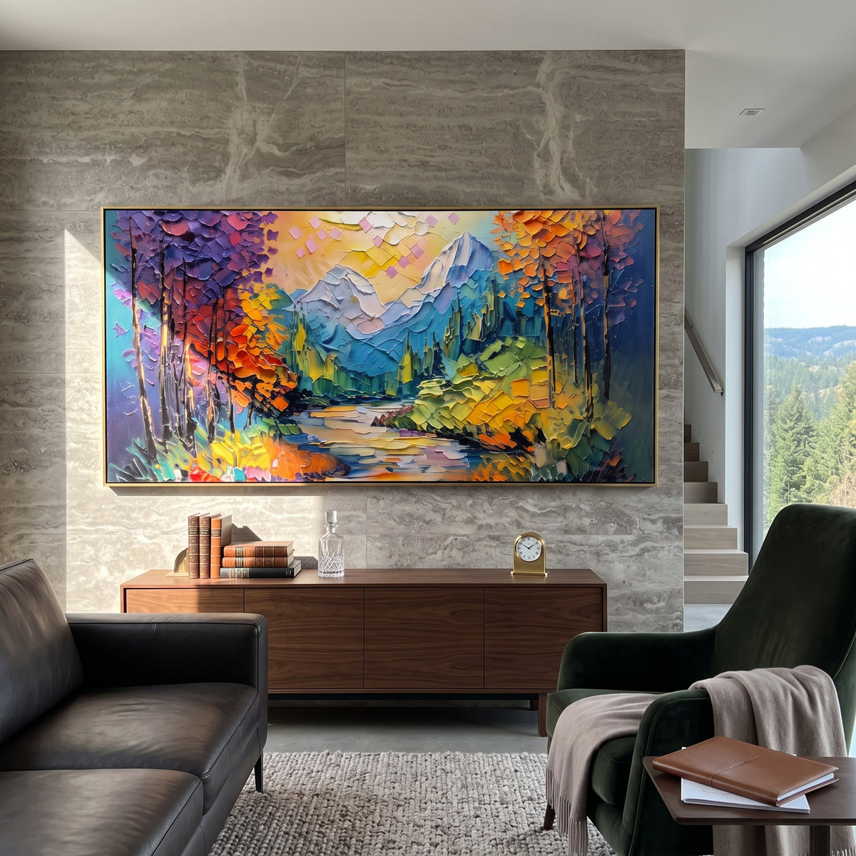 Autumn Forest Mountain Creek focuses on this hand-painted textured canvas features autumn forest creek with blue mountains, orange foliage, and bright textured path. The composition is described from the actual main image, so the visible subject, color balance, spacing, and surface movement stay specific to this product instead of reading like a batch title. Raised palette-knife layers, sculpted impasto ridges, softened brush transitions, and tactile handmade texture give the canvas dimensional