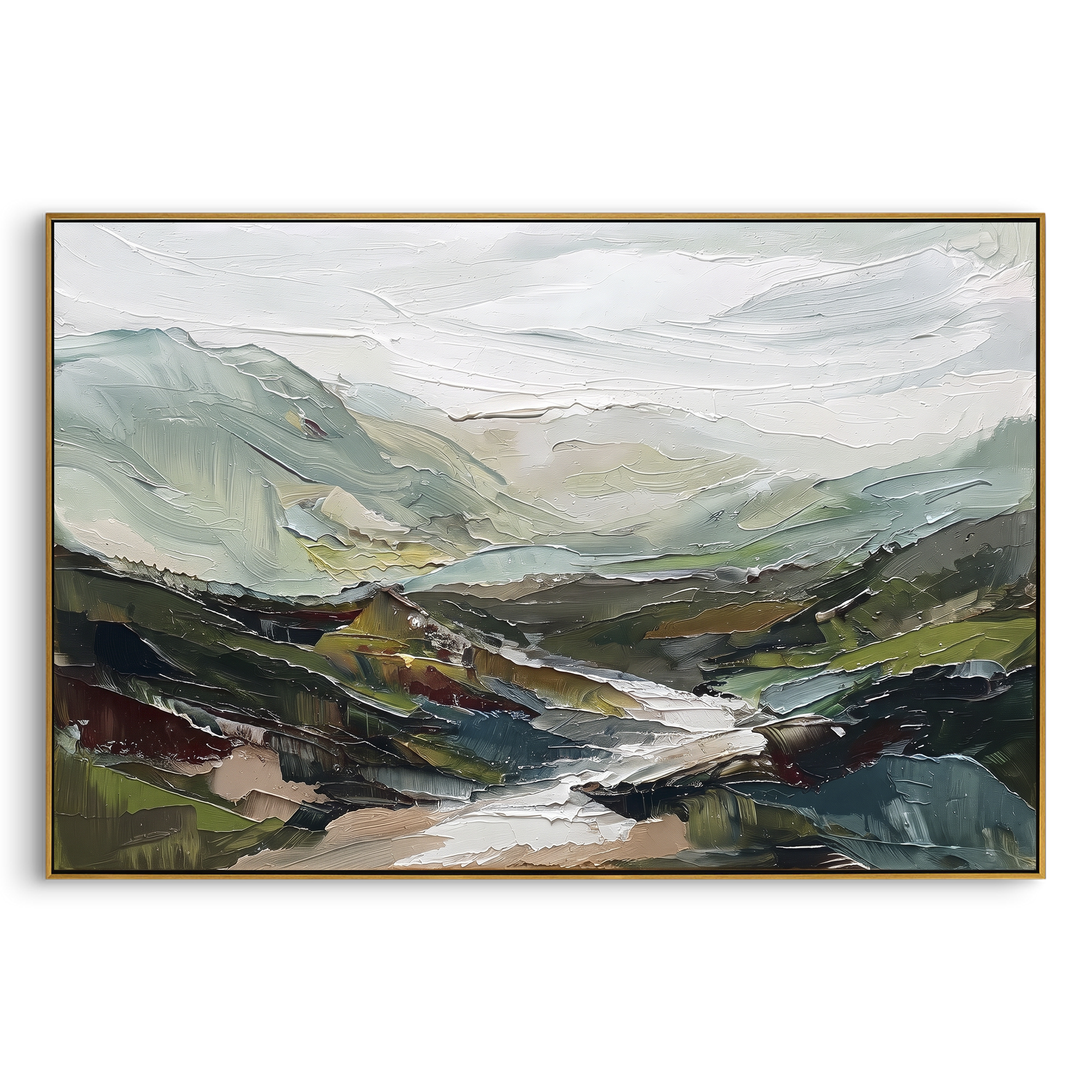 Green Valley River focuses on this hand-painted textured canvas features green valley river with pale hills, dark ridges, and expressive foreground earth tones. The composition is described from the actual main image, so the visible subject, color balance, spacing, and surface movement stay specific to this product instead of reading like a batch title. Raised palette-knife layers, sculpted impasto ridges, softened brush transitions, and tactile handmade texture give the canvas dimensional depth
