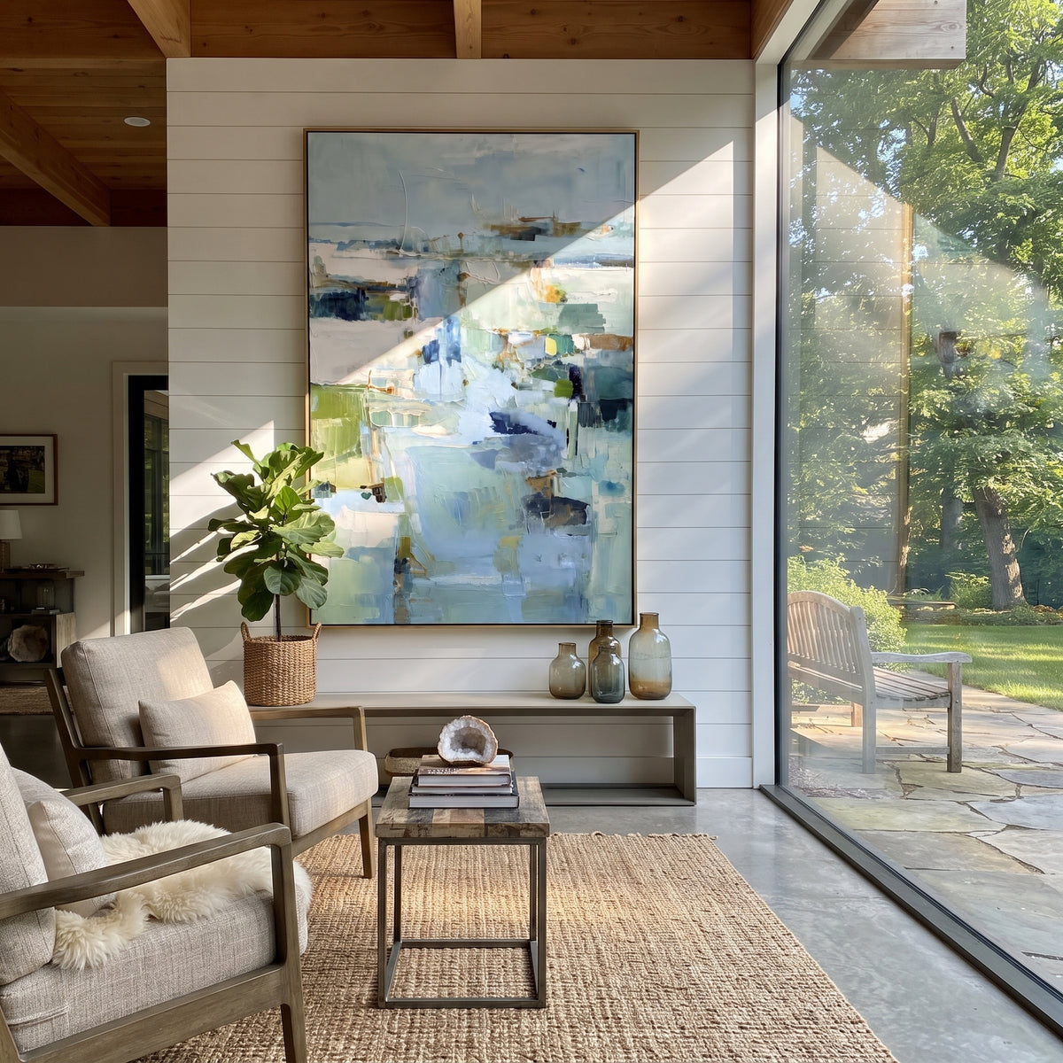 Abstract Waterway Relief focuses on this hand-painted textured canvas features Abstract Waterway Relief with blue blocks, green banks, and reflected city-like forms. The composition is described from the actual main image, so the visible subject, color balance, spacing, and surface movement stay specific to this product instead of reading like a batch title. Raised palette-knife layers, sculpted impasto ridges, softened brush transitions, and tactile handmade texture give the canvas dimensional
