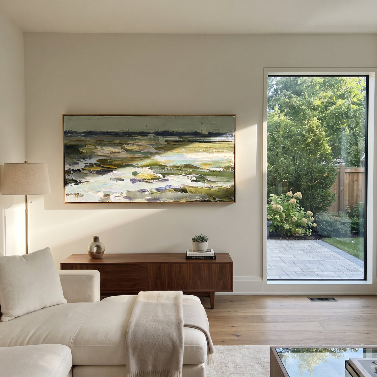 Flat Marshland Horizon focuses on this hand-painted textured canvas features flat marshland horizon with green water channels, pale sky, and horizontal wetland bands. The composition is described from the actual main image, so the visible subject, color balance, spacing, and surface movement stay specific to this product instead of reading like a batch title. Raised palette-knife layers, sculpted impasto ridges, softened brush transitions, and tactile handmade texture give the canvas dimensional