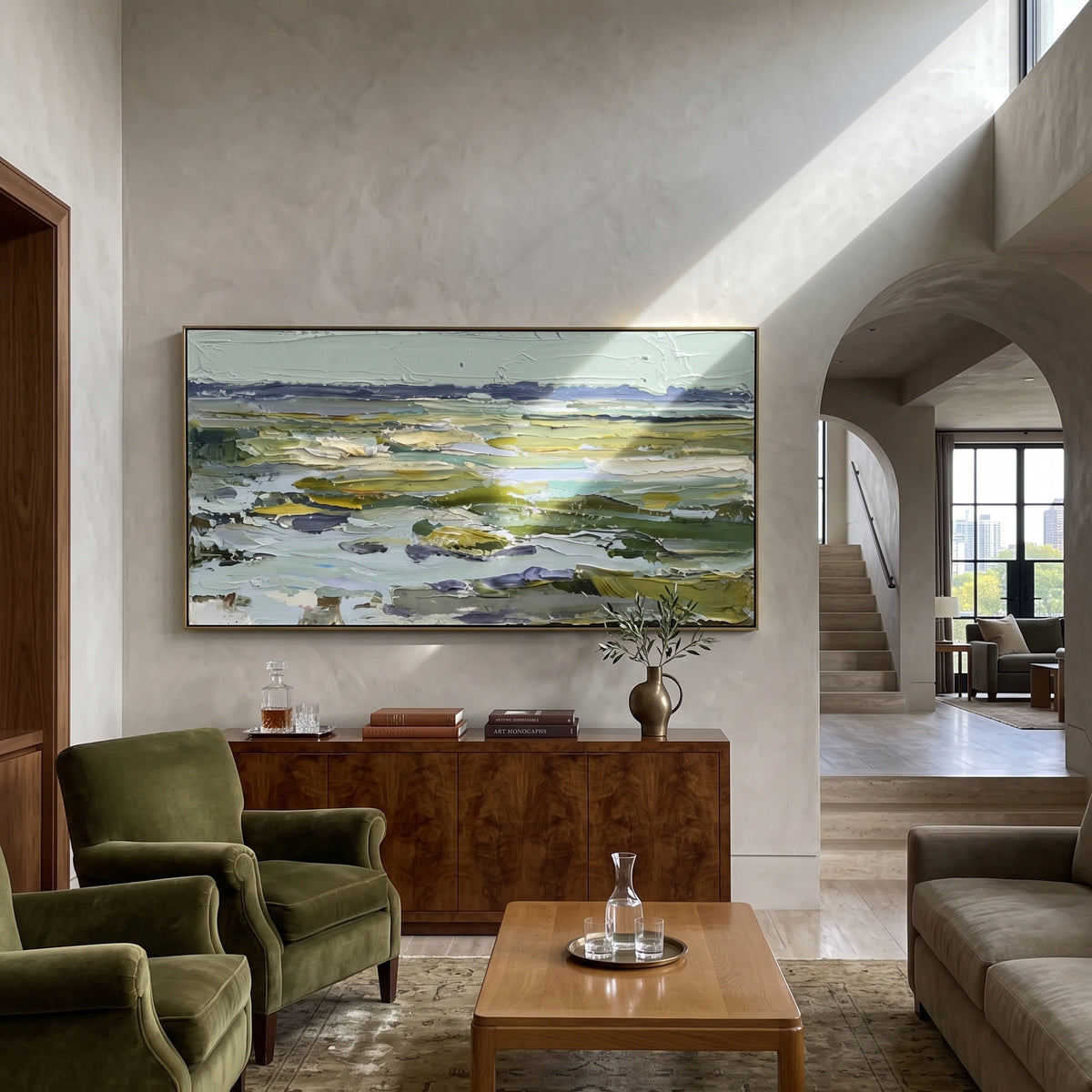 Flat Marshland Horizon focuses on this hand-painted textured canvas features flat marshland horizon with green water channels, pale sky, and horizontal wetland bands. The composition is described from the actual main image, so the visible subject, color balance, spacing, and surface movement stay specific to this product instead of reading like a batch title. Raised palette-knife layers, sculpted impasto ridges, softened brush transitions, and tactile handmade texture give the canvas dimensional
