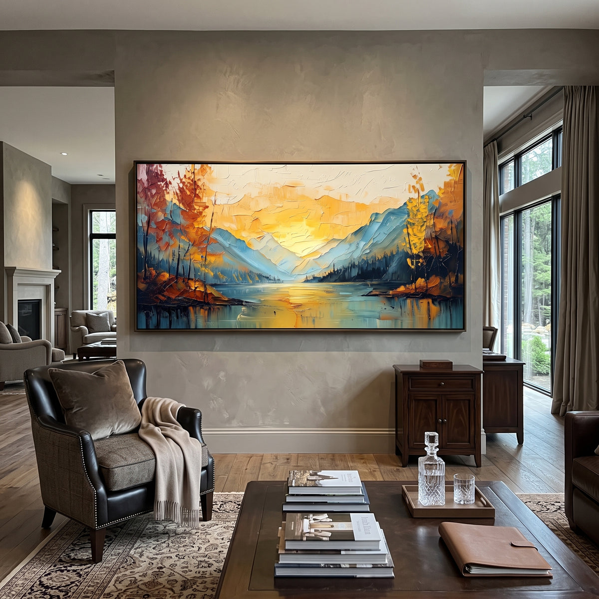 Golden Lake Cabin Sunset focuses on this hand-painted textured canvas features golden lake cabin sunset with warm trees, blue mountains, and reflected evening water. The composition is described from the actual main image, so the visible subject, color balance, spacing, and surface movement stay specific to this product instead of reading like a batch title. Raised palette-knife layers, sculpted impasto ridges, softened brush transitions, and tactile handmade texture give the canvas dimensional