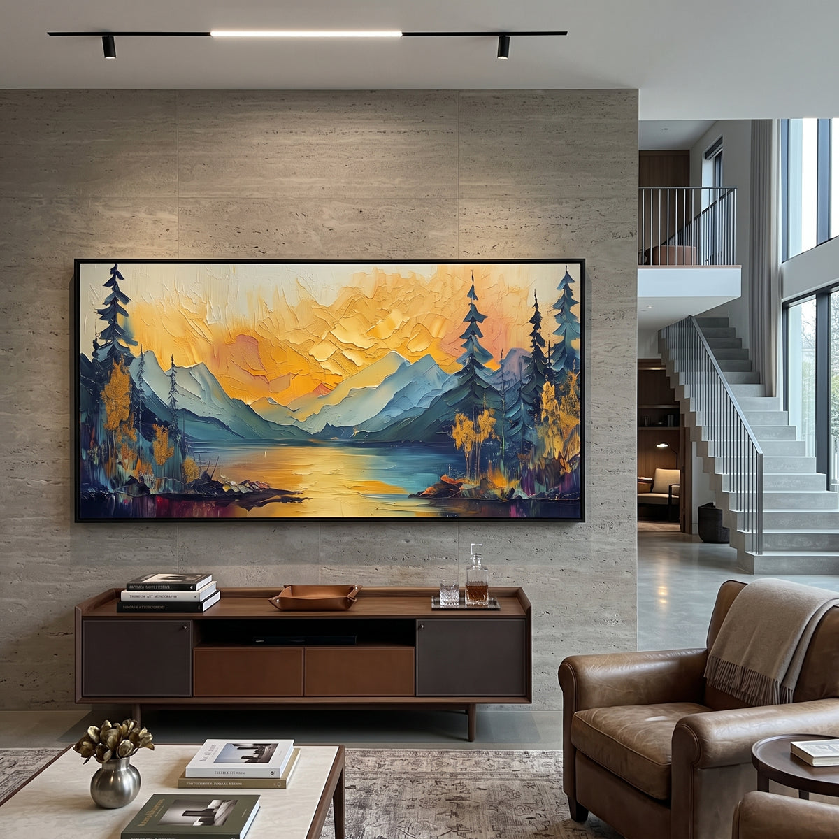 Golden Mountain Lake With Pines focuses on this hand-painted textured canvas features golden mountain lake with dark pines, blue ridges, and warm glowing sky. The composition is described from the actual main image, so the visible subject, color balance, spacing, and surface movement stay specific to this product instead of reading like a batch title. Raised palette-knife layers, sculpted impasto ridges, softened brush transitions, and tactile handmade texture give the canvas dimensional depth