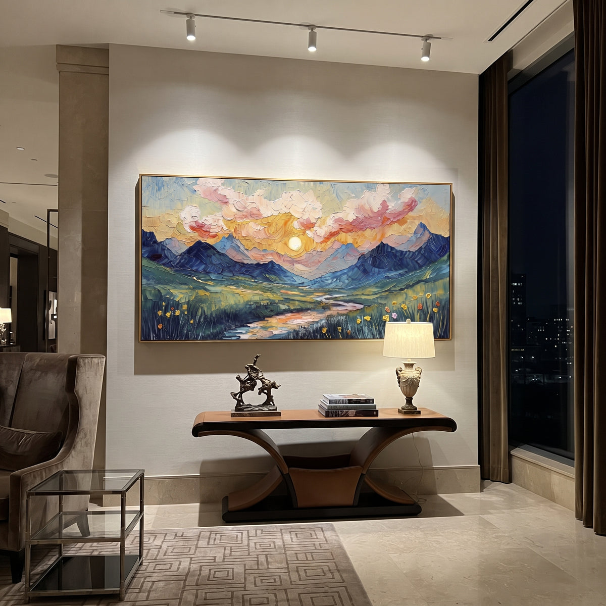 Sunset Mountain River Meadow focuses on this hand-painted textured canvas features sunset mountain river meadow with pink clouds, blue peaks, yellow flowers, and winding water. The composition is described from the actual main image, so the visible subject, color balance, spacing, and surface movement stay specific to this product instead of reading like a batch title. Raised palette-knife layers, sculpted impasto ridges, softened brush transitions, and tactile handmade texture give the canvas