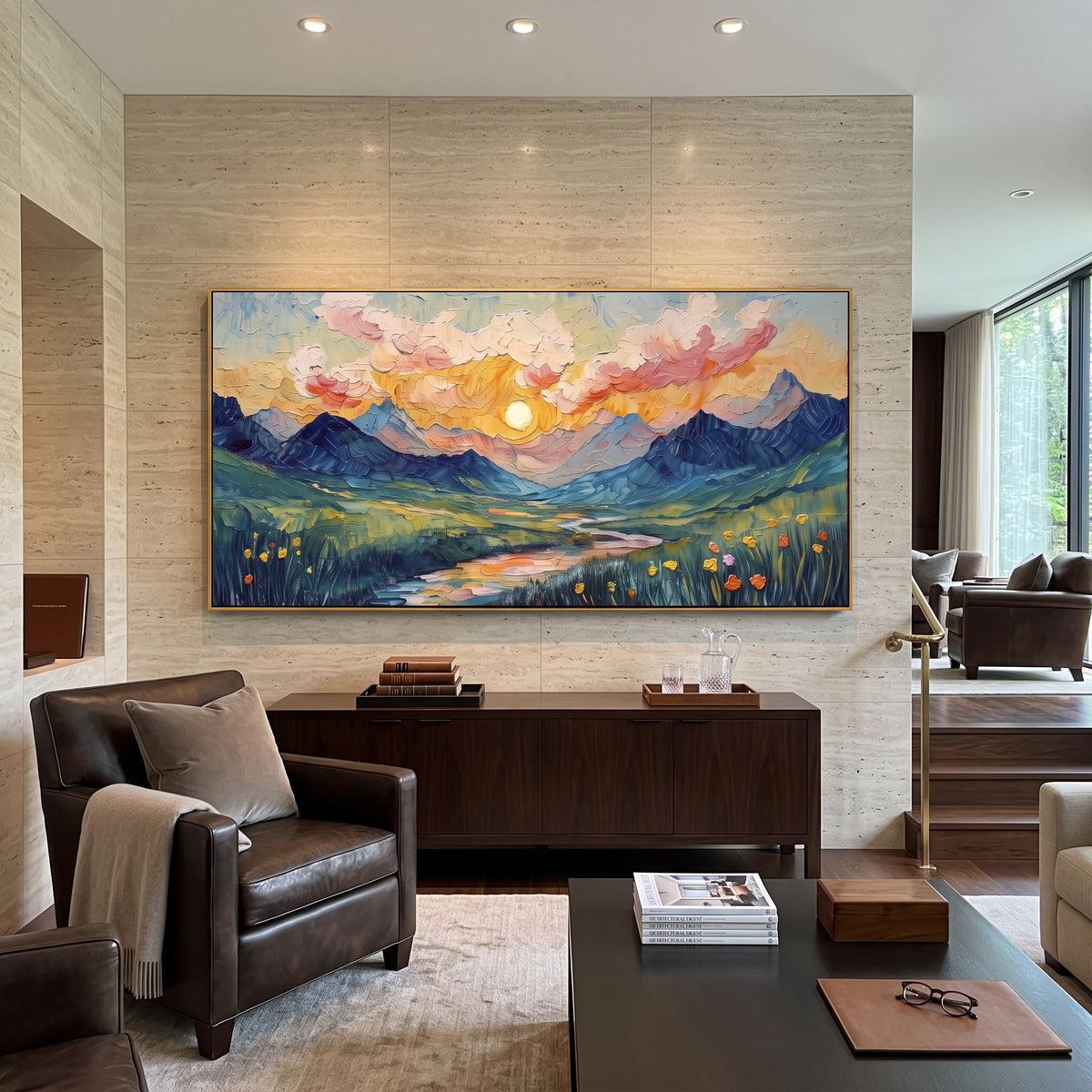 Sunset Mountain River Meadow focuses on this hand-painted textured canvas features sunset mountain river meadow with pink clouds, blue peaks, yellow flowers, and winding water. The composition is described from the actual main image, so the visible subject, color balance, spacing, and surface movement stay specific to this product instead of reading like a batch title. Raised palette-knife layers, sculpted impasto ridges, softened brush transitions, and tactile handmade texture give the canvas