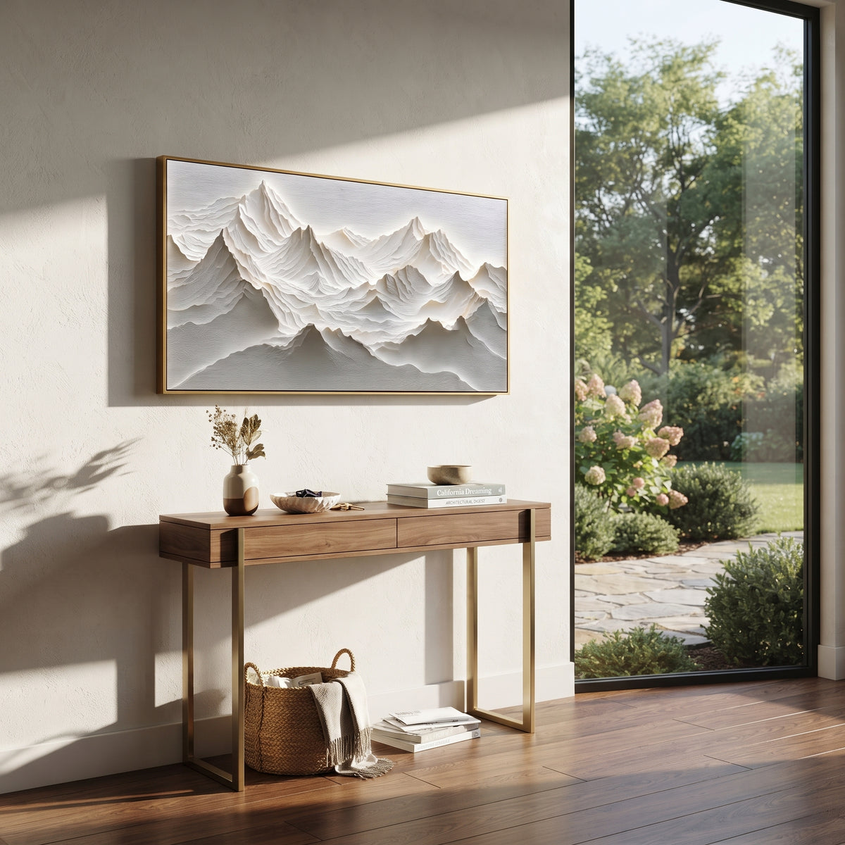 White Alpine Ridge Relief focuses on this hand-painted textured canvas features White Alpine Ridge Relief with sculpted snowy mountain folds and grey valleys. The composition is described from the actual main image, so the visible subject, color balance, spacing, and surface movement stay specific to this product instead of reading like a batch title. Raised palette-knife layers, sculpted impasto ridges, softened brush transitions, and tactile handmade texture give the canvas dimensional depth