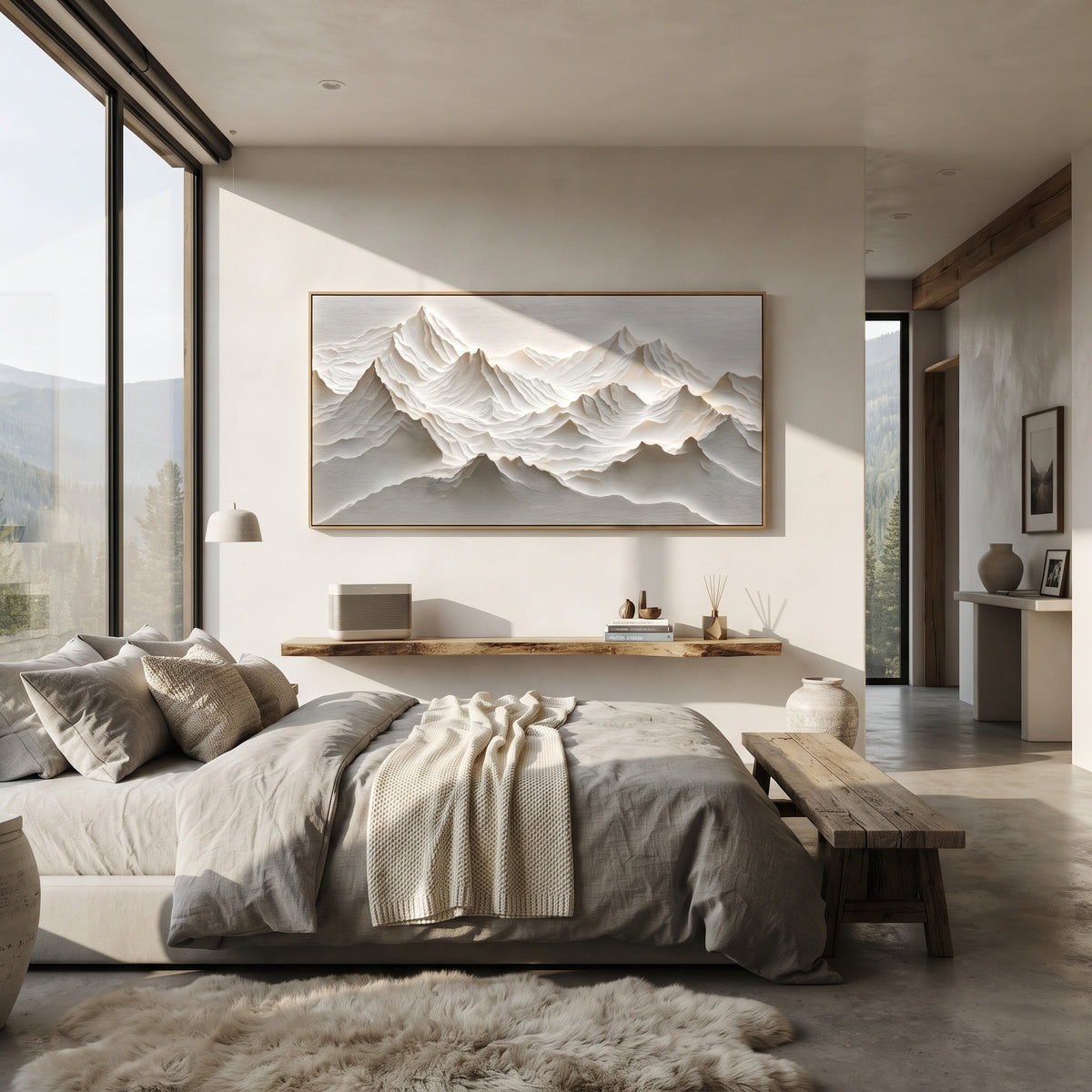 White Alpine Ridge Relief focuses on this hand-painted textured canvas features White Alpine Ridge Relief with sculpted snowy mountain folds and grey valleys. The composition is described from the actual main image, so the visible subject, color balance, spacing, and surface movement stay specific to this product instead of reading like a batch title. Raised palette-knife layers, sculpted impasto ridges, softened brush transitions, and tactile handmade texture give the canvas dimensional depth