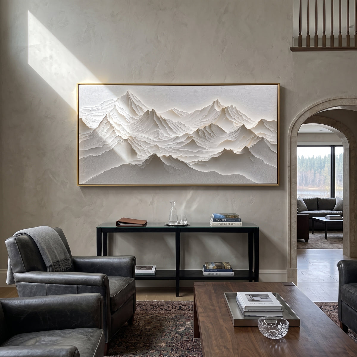 White Alpine Ridge Relief focuses on this hand-painted textured canvas features White Alpine Ridge Relief with sculpted snowy mountain folds and grey valleys. The composition is described from the actual main image, so the visible subject, color balance, spacing, and surface movement stay specific to this product instead of reading like a batch title. Raised palette-knife layers, sculpted impasto ridges, softened brush transitions, and tactile handmade texture give the canvas dimensional depth
