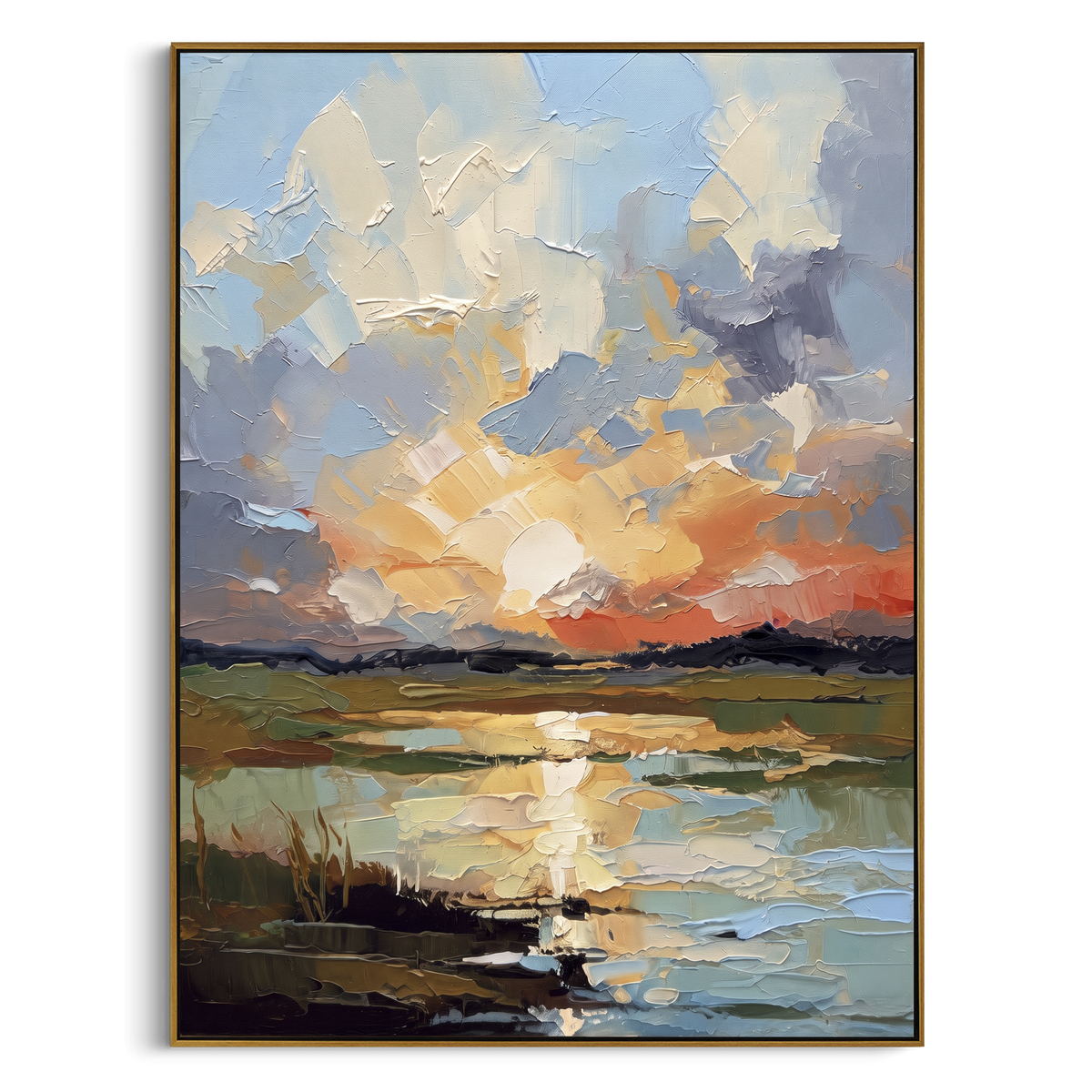 Sunset Lake Reflection Relief focuses on this hand-painted textured canvas features vertical sunset lake reflection with peach clouds, blue water, and dark shoreline grasses. The composition is described from the actual main image, so the visible subject, color balance, spacing, and surface movement stay specific to this product instead of reading like a batch title. Raised palette-knife layers, sculpted impasto ridges, softened brush transitions, and tactile handmade texture give the canvas