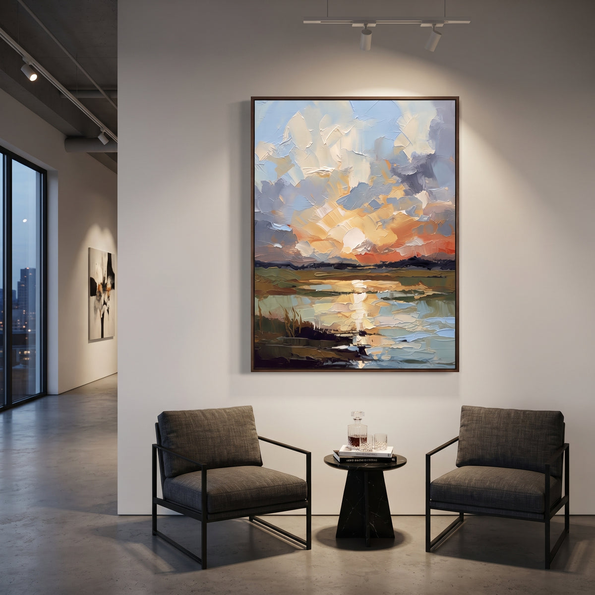 Sunset Lake Reflection Relief focuses on this hand-painted textured canvas features vertical sunset lake reflection with peach clouds, blue water, and dark shoreline grasses. The composition is described from the actual main image, so the visible subject, color balance, spacing, and surface movement stay specific to this product instead of reading like a batch title. Raised palette-knife layers, sculpted impasto ridges, softened brush transitions, and tactile handmade texture give the canvas