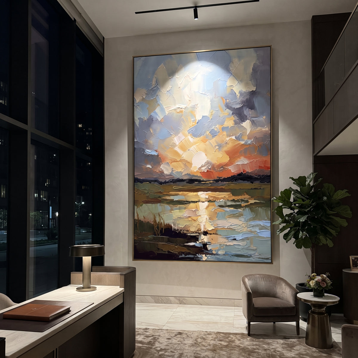 Sunset Lake Reflection Relief focuses on this hand-painted textured canvas features vertical sunset lake reflection with peach clouds, blue water, and dark shoreline grasses. The composition is described from the actual main image, so the visible subject, color balance, spacing, and surface movement stay specific to this product instead of reading like a batch title. Raised palette-knife layers, sculpted impasto ridges, softened brush transitions, and tactile handmade texture give the canvas