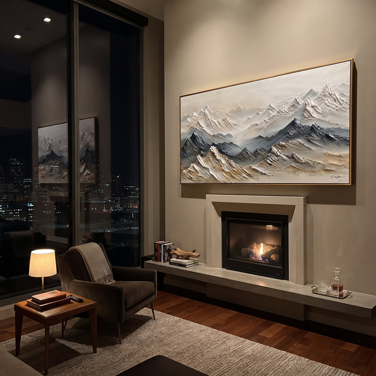 Grey Snow Mountain Range focuses on this hand-painted textured canvas features grey snow mountain range with sharp ridges, white peaks, and cool shadowed slopes. The composition is described from the actual main image, so the visible subject, color balance, spacing, and surface movement stay specific to this product instead of reading like a batch title. Raised palette-knife layers, sculpted impasto ridges, softened brush transitions, and tactile handmade texture give the canvas dimensional