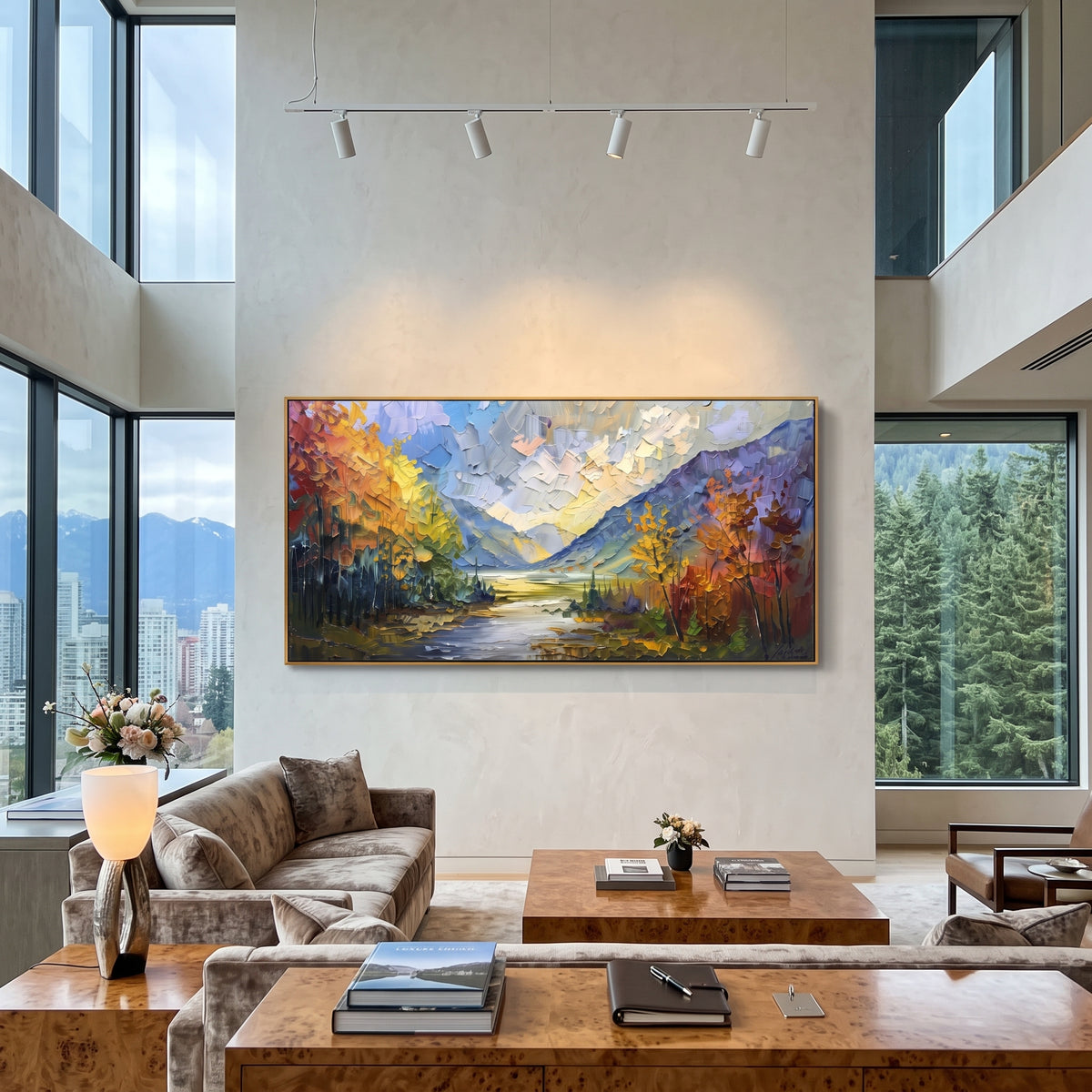 Autumn River Valley focuses on this hand-painted textured canvas features autumn river valley with golden trees, blue mountain opening, and luminous water path. The composition is described from the actual main image, so the visible subject, color balance, spacing, and surface movement stay specific to this product instead of reading like a batch title. Raised palette-knife layers, sculpted impasto ridges, softened brush transitions, and tactile handmade texture give the canvas dimensional depth
