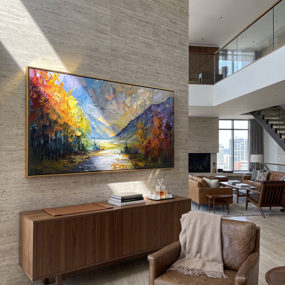 Autumn River Valley focuses on this hand-painted textured canvas features autumn river valley with golden trees, blue mountain opening, and luminous water path. The composition is described from the actual main image, so the visible subject, color balance, spacing, and surface movement stay specific to this product instead of reading like a batch title. Raised palette-knife layers, sculpted impasto ridges, softened brush transitions, and tactile handmade texture give the canvas dimensional depth